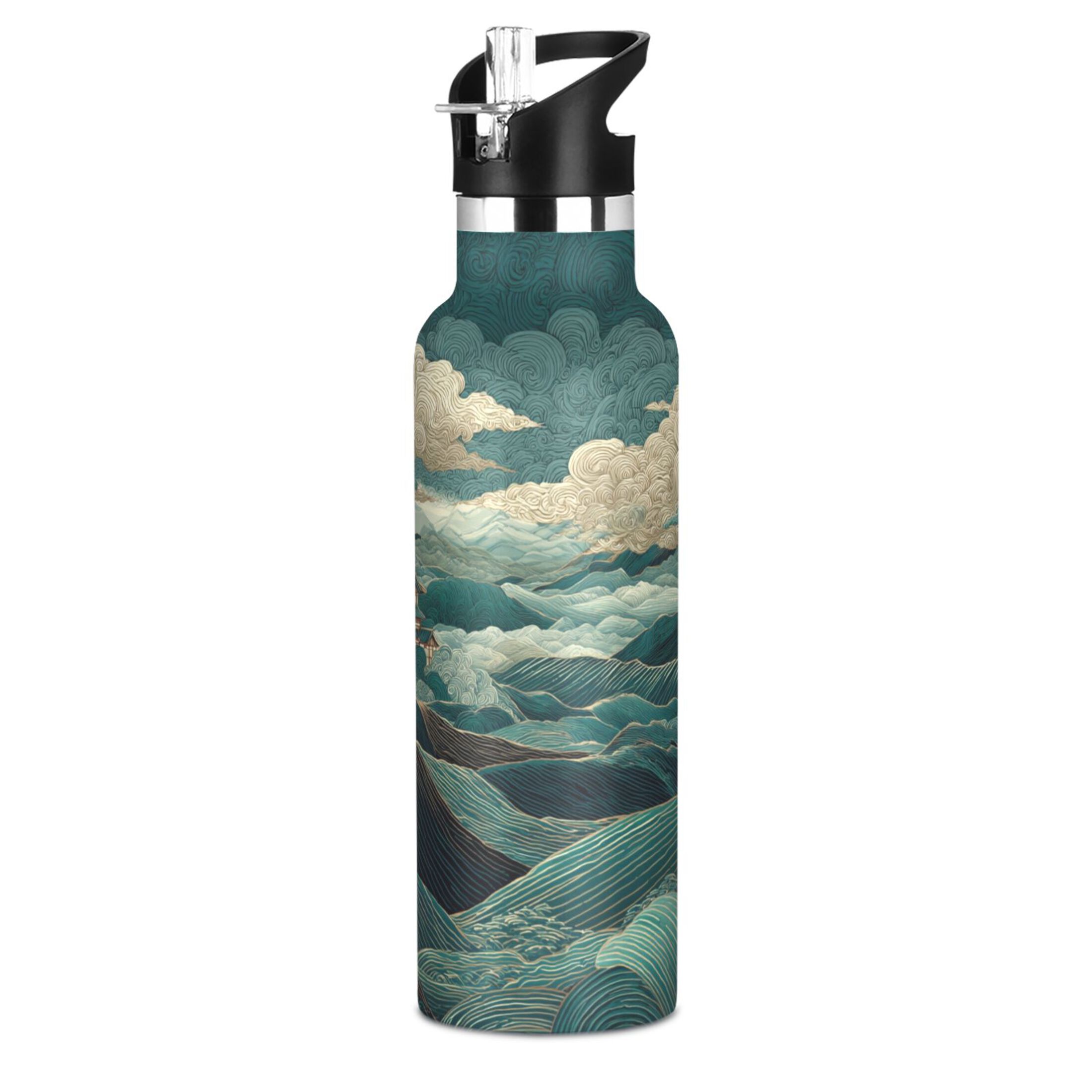 600ML Stainless Steel Insulated Cup Sports Water Bottle Portable Thermos Cup Water Glasses Insulated Tumblers Convenient and Durable Green Mountains