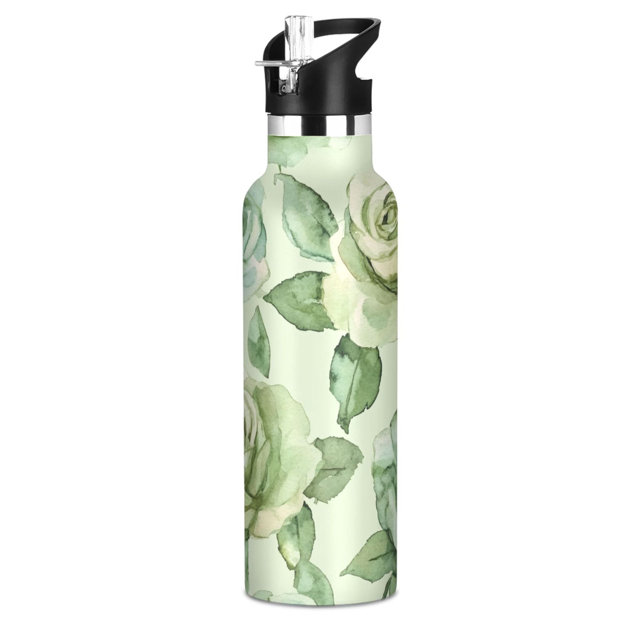 600ML Stainless Steel Insulated Cup Sports Water Bottle Portable Thermos Cup Water Glasses Insulated Tumblers Convenient and Durable Green Roses