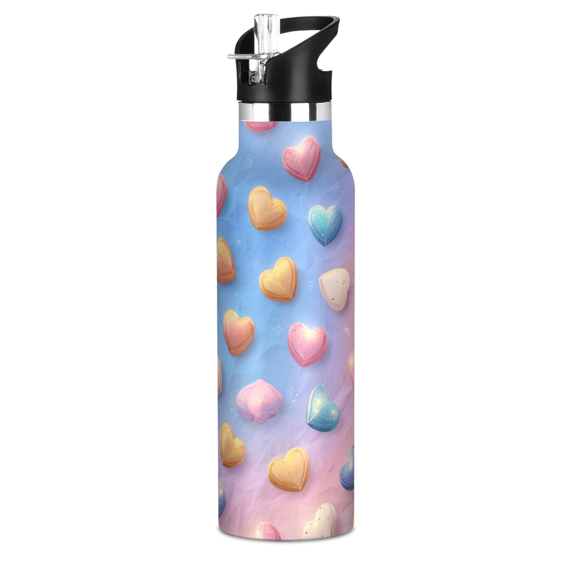 600ML Stainless Steel Insulated Cup Sports Water Bottle Portable Thermos Cup Water Glasses Insulated Tumblers Convenient and Durable Heart Candy