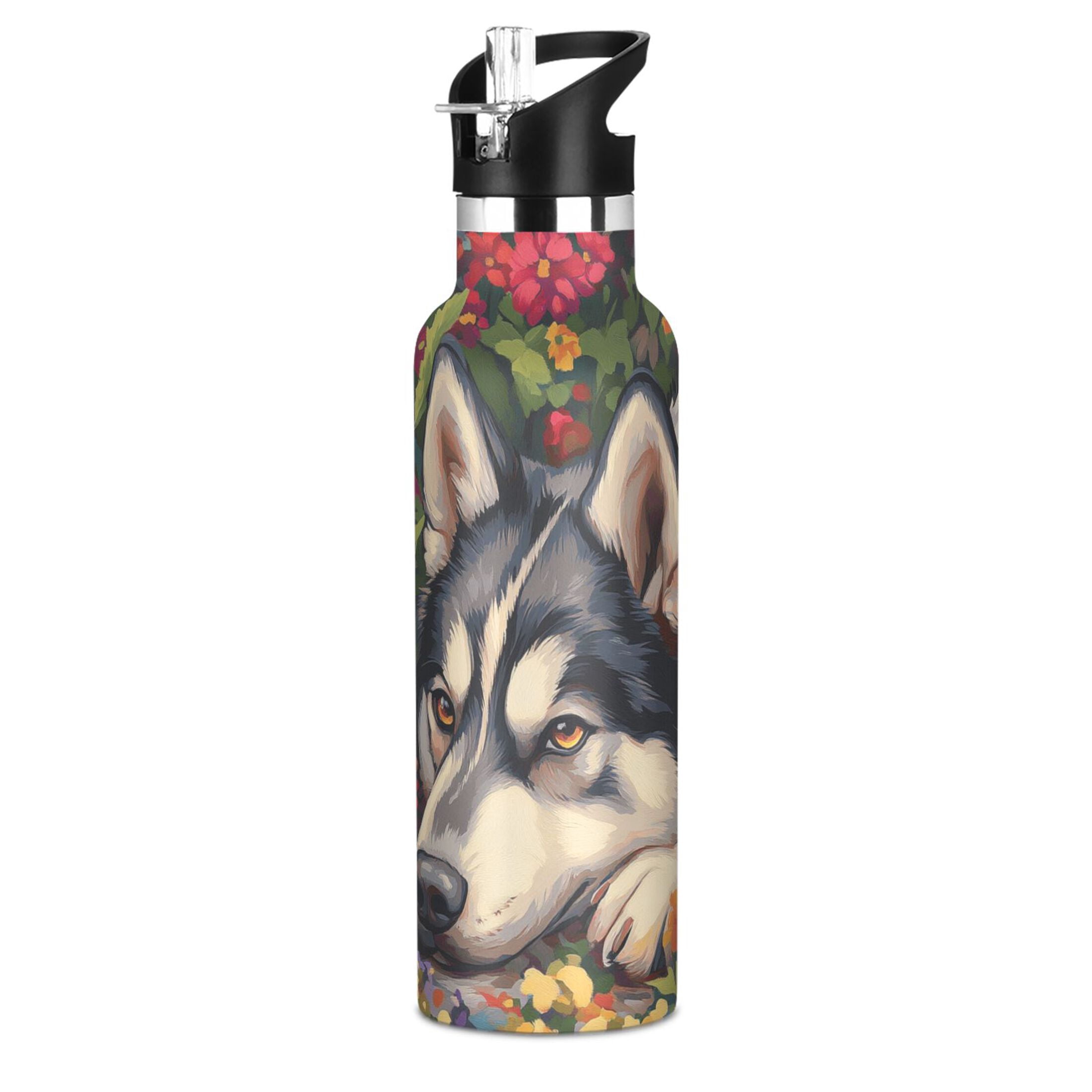 600ML Stainless Steel Insulated Cup Sports Water Bottle Portable Thermos Cup Water Glasses Insulated Tumblers Convenient and Durable Husky Flowers