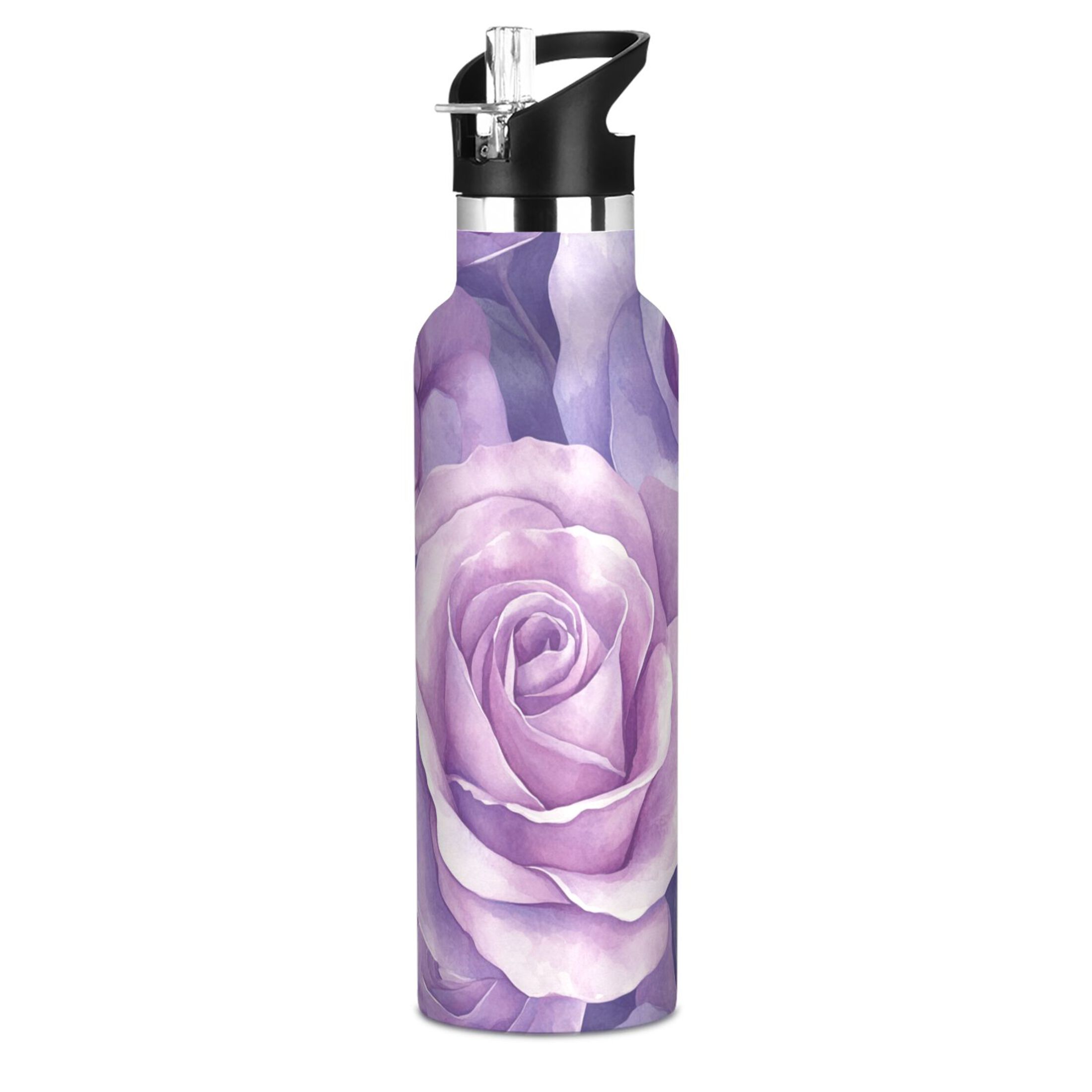 600ML Stainless Steel Insulated Cup Sports Water Bottle Portable Thermos Cup Water Glasses Insulated Tumblers Convenient and Durable Lavender Roses
