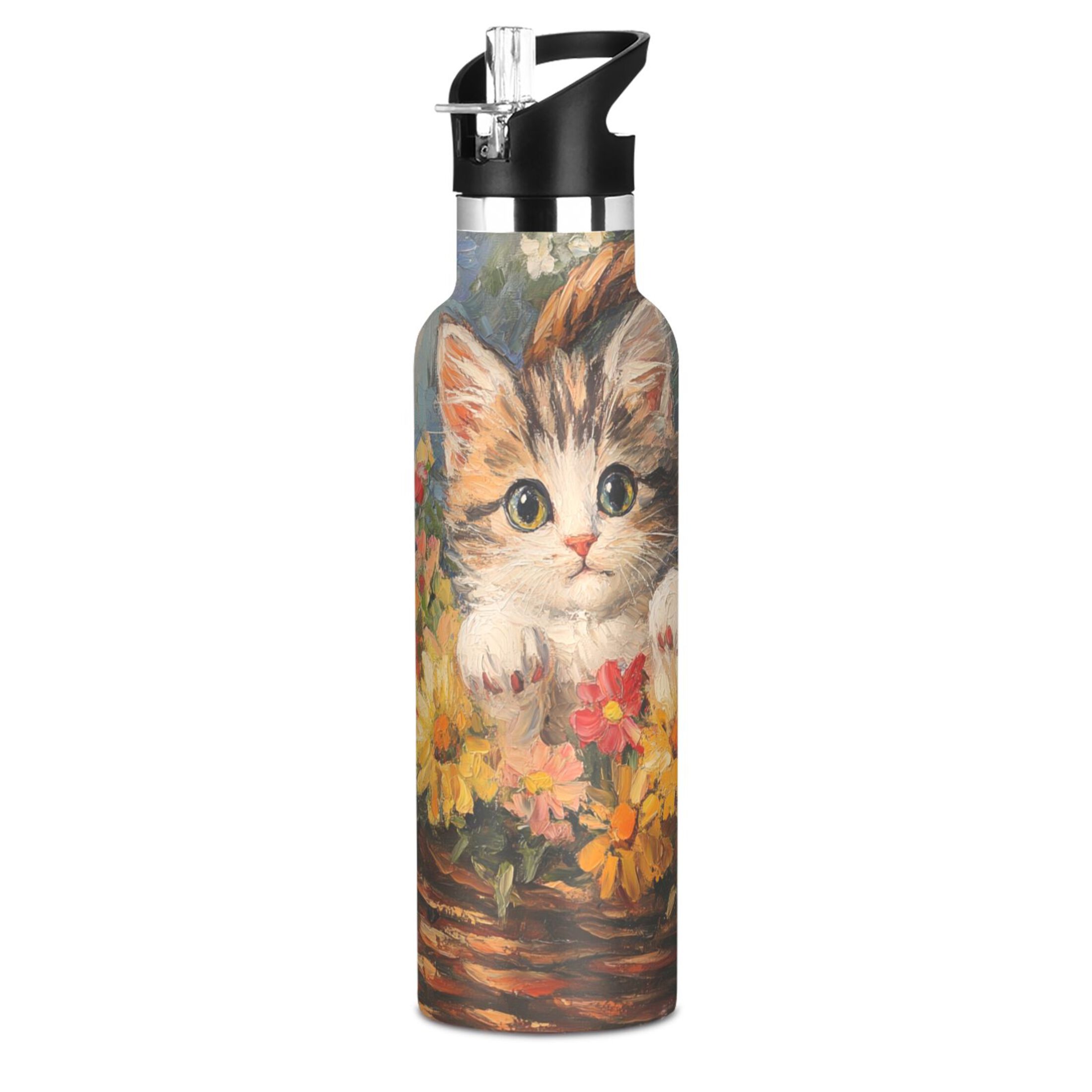 600ML Stainless Steel Insulated Cup Sports Water Bottle Portable Thermos Cup Water Glasses Insulated Tumblers Convenient and Durable Little Cat