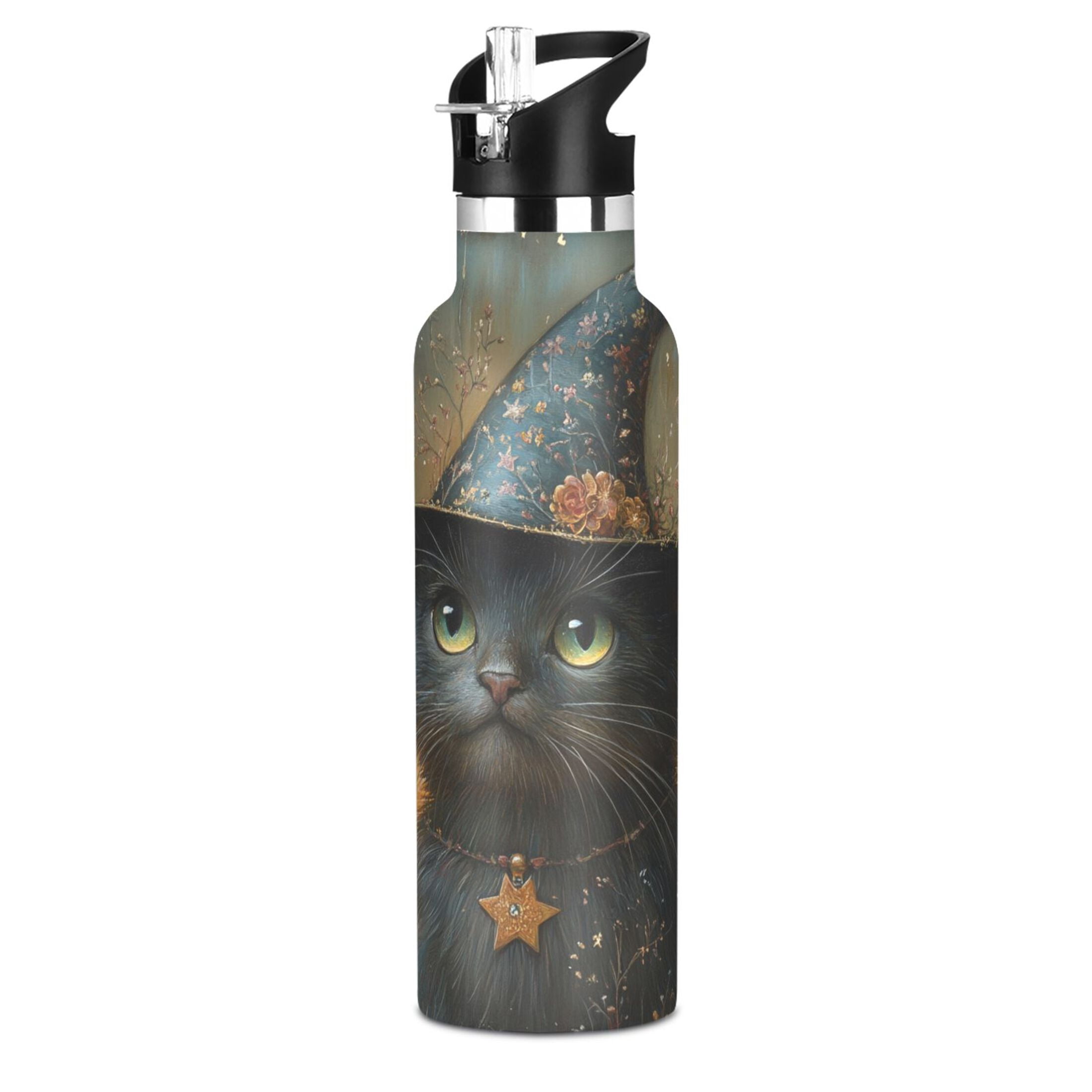 600ML Stainless Steel Insulated Cup Sports Water Bottle Portable Thermos Cup Water Glasses Insulated Tumblers Convenient and Durable Magic Hat Cat