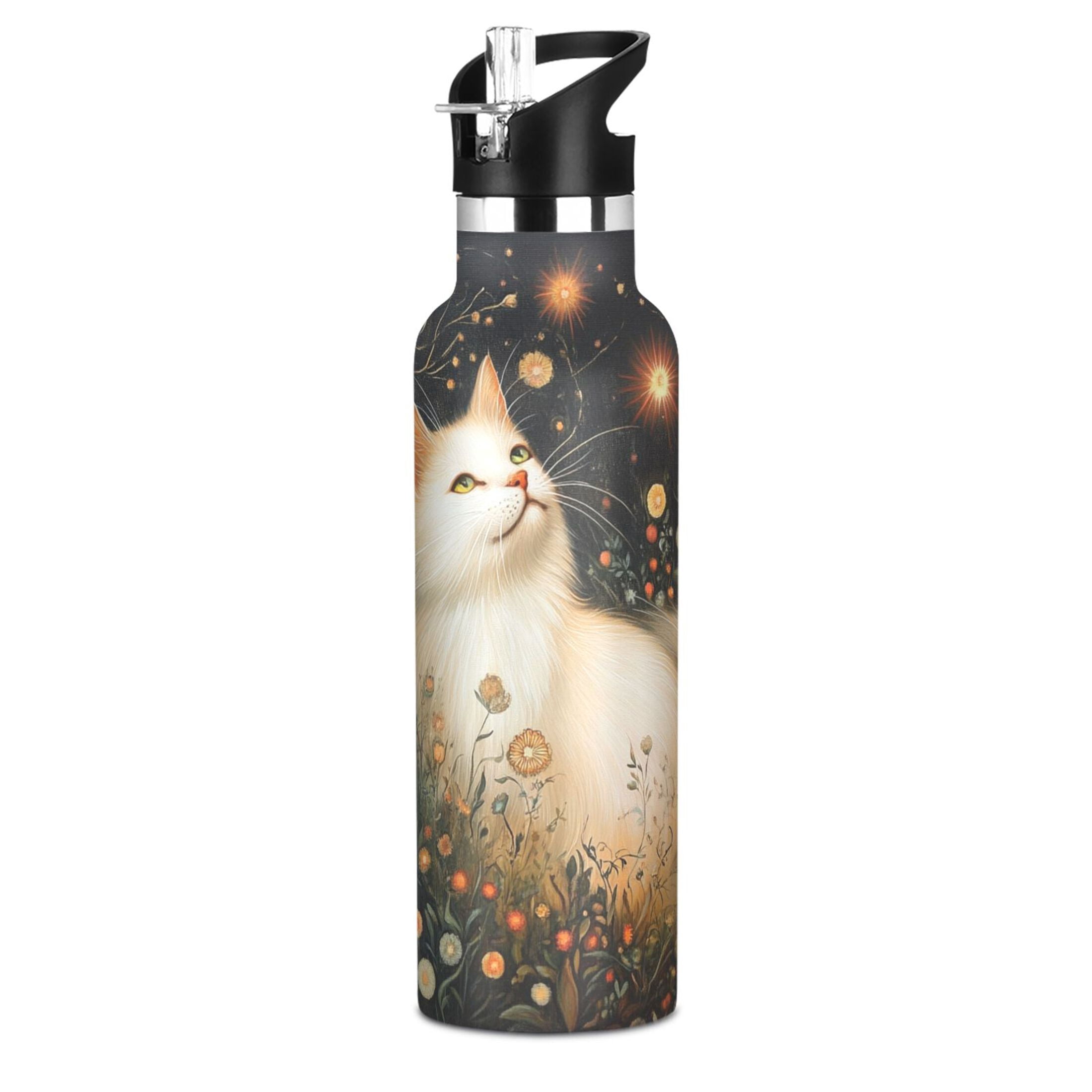 600ML Stainless Steel Insulated Cup Sports Water Bottle Portable Thermos Cup Water Glasses Insulated Tumblers Convenient and Durable Magic White Cat