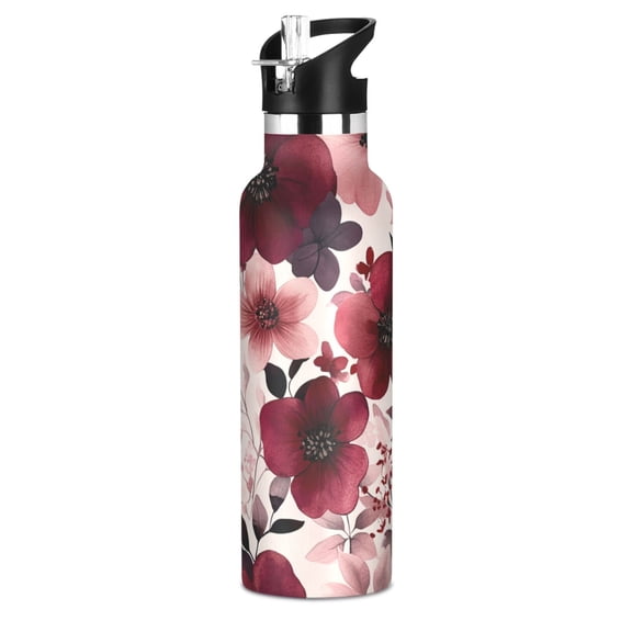 600ML Stainless Steel Insulated Cup Sports Water Bottle Portable Thermos Cup Water Glasses Insulated Tumblers Convenient and Durable Maroon Flowers