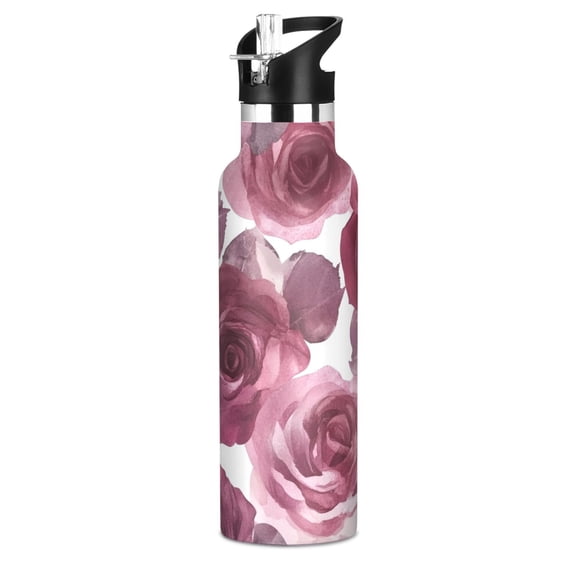 600ML Stainless Steel Insulated Cup Sports Water Bottle Portable Thermos Cup Water Glasses Insulated Tumblers Convenient and Durable Maroon Roses