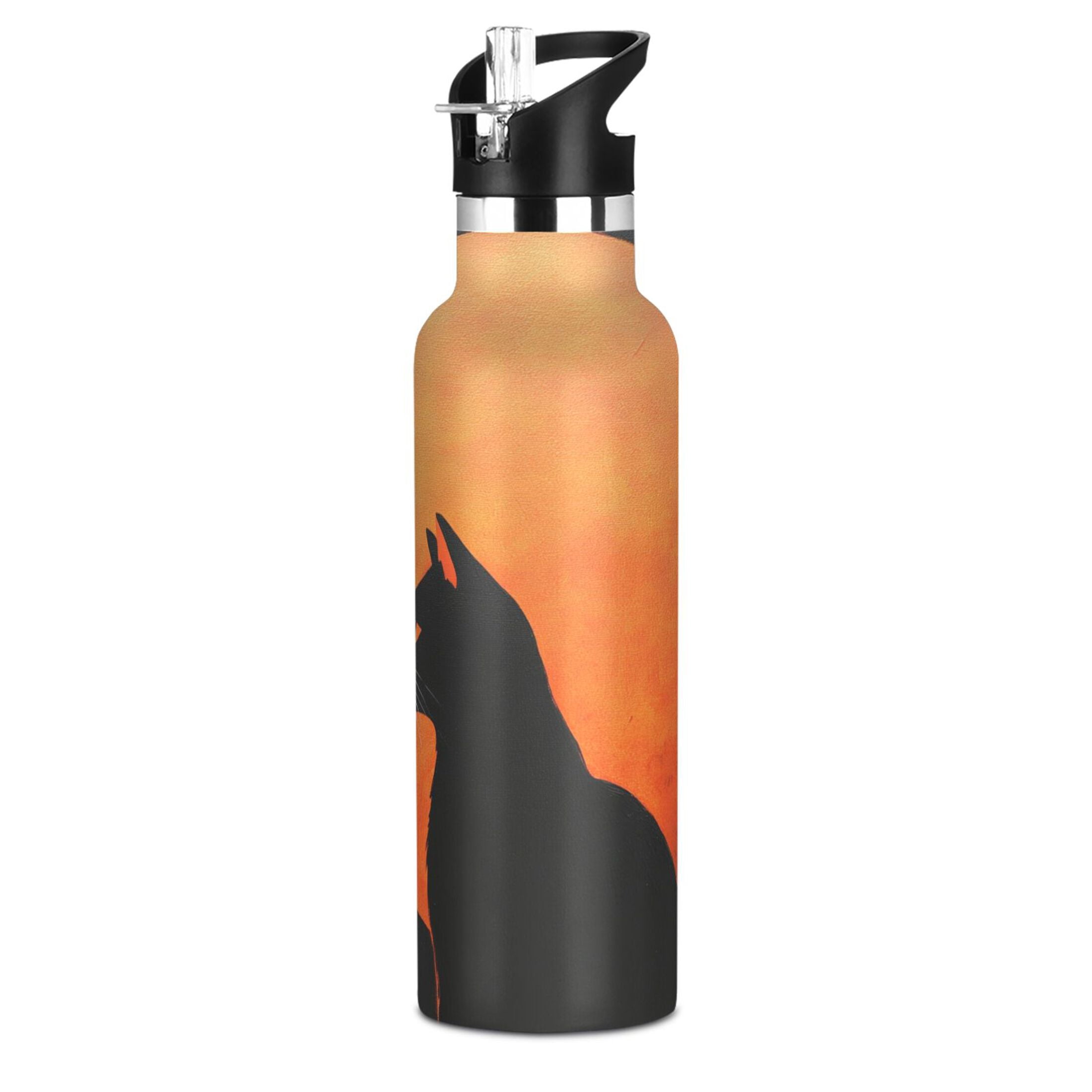 600ML Stainless Steel Insulated Cup Sports Water Bottle Portable Thermos Cup Water Glasses Insulated Tumblers Convenient and Durable Moon Black Cat