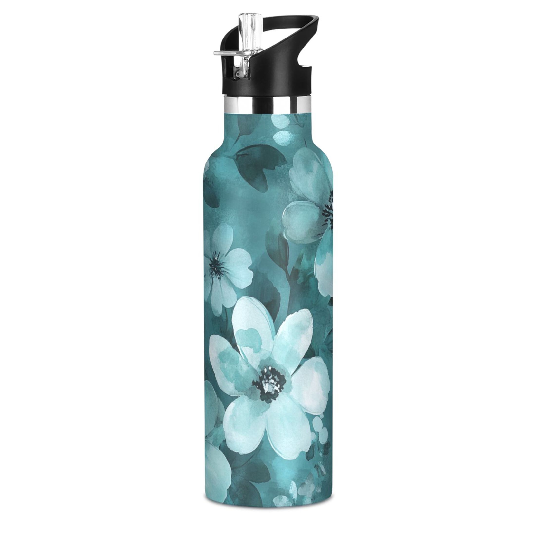 600ML Stainless Steel Insulated Cup Sports Water Bottle Portable Thermos Cup Water Glasses Insulated Tumblers Convenient and Durable Navy Flowers