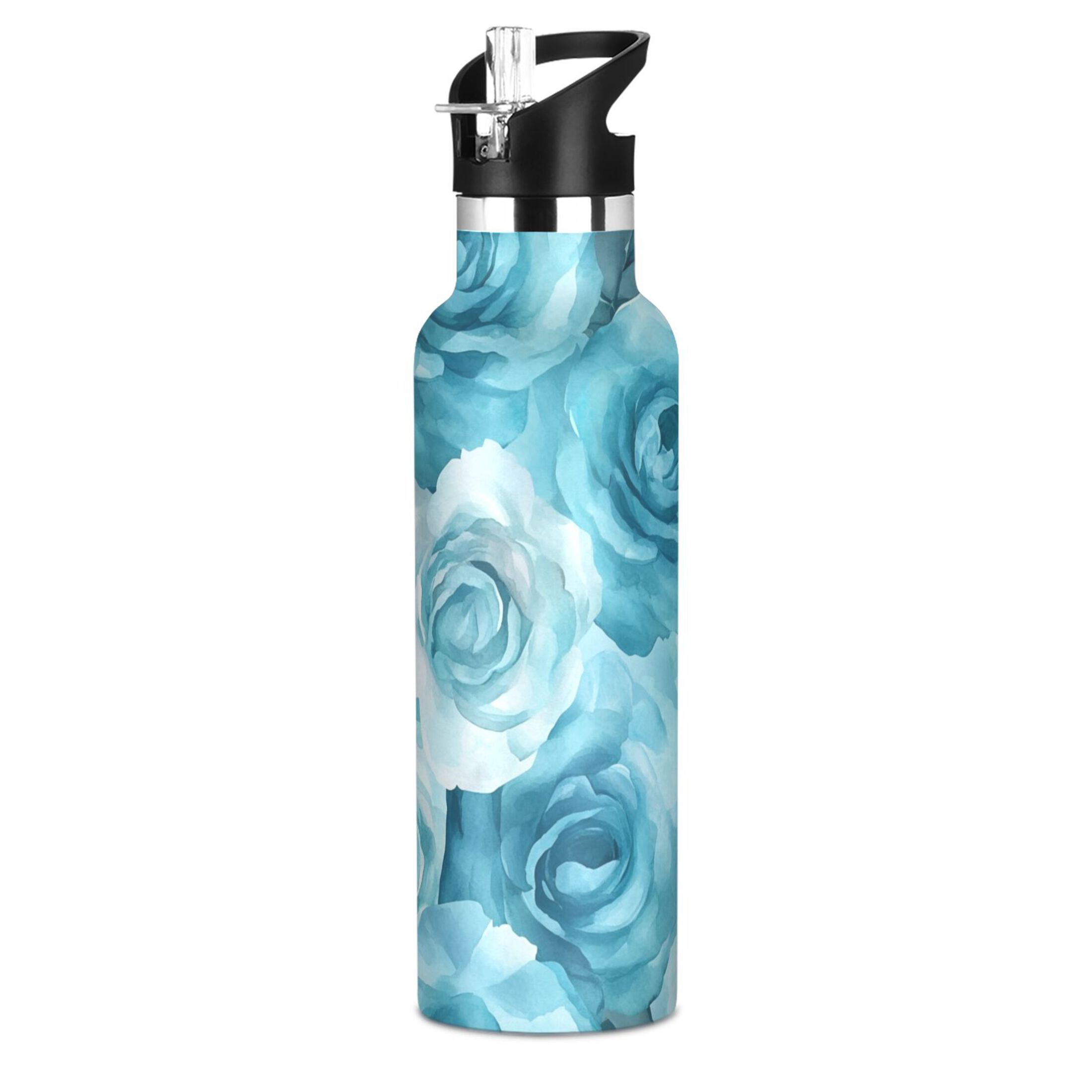 600ML Stainless Steel Insulated Cup Sports Water Bottle Portable Thermos Cup Water Glasses Insulated Tumblers Convenient and Durable Navy Roses