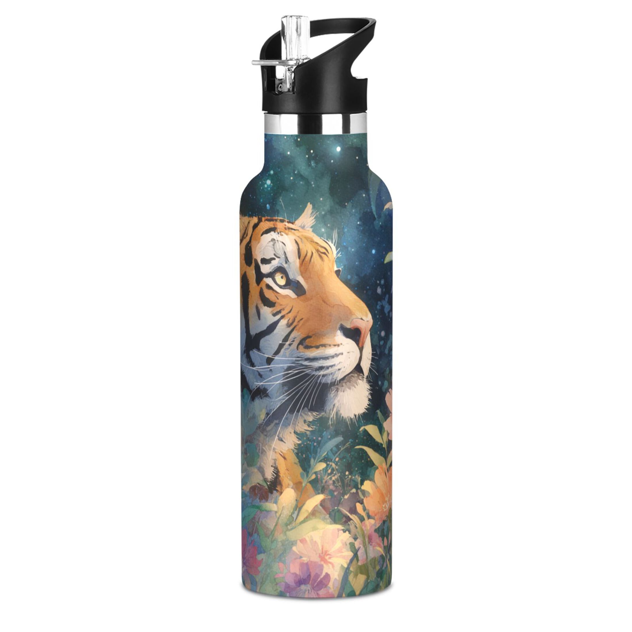 600ML Stainless Steel Insulated Cup Sports Water Bottle Portable Thermos Cup Water Glasses Insulated Tumblers Convenient and Durable Night Tiger