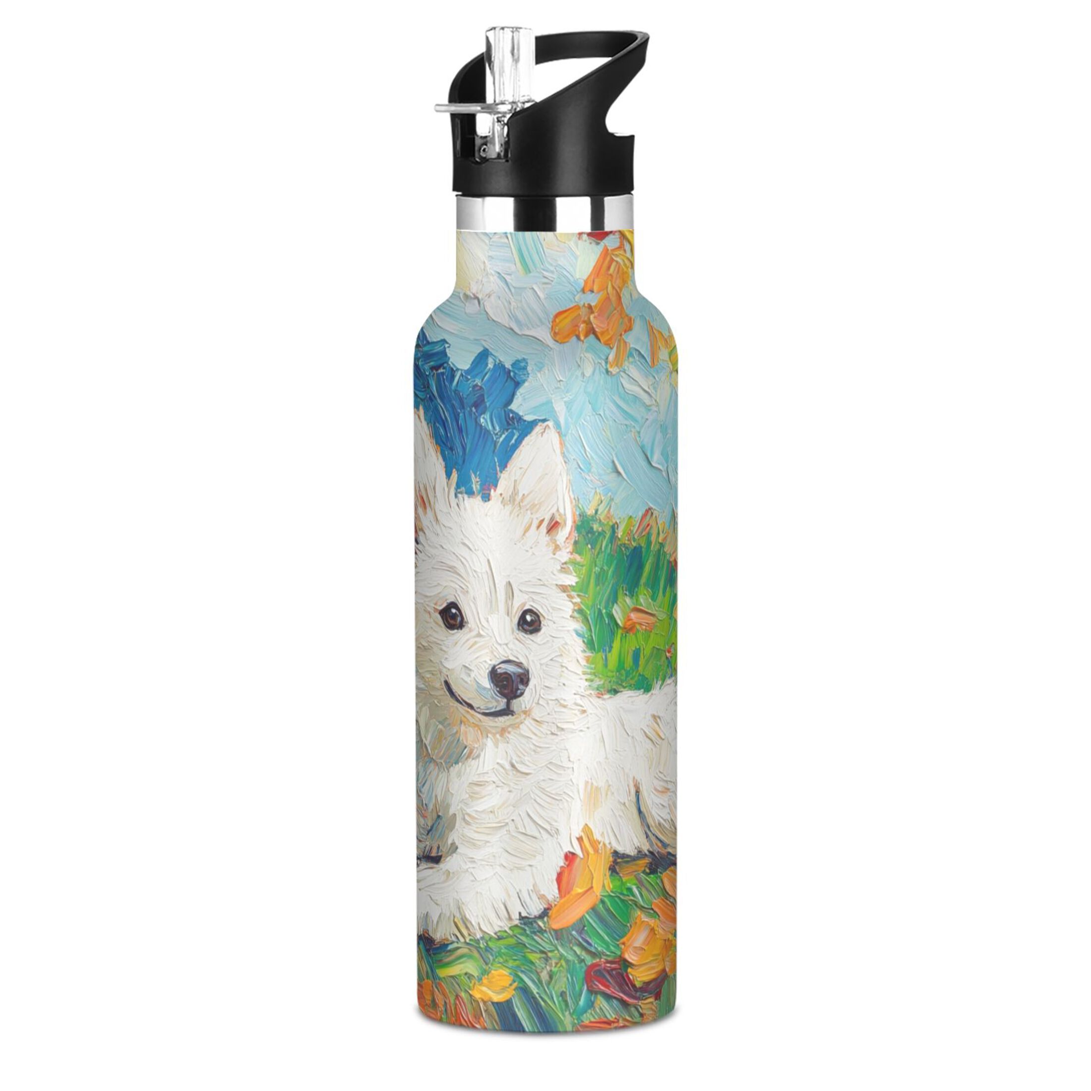 600ML Stainless Steel Insulated Cup Sports Water Bottle Portable Thermos Cup Water Glasses Insulated Tumblers Convenient and Durable Oil Painting Dog