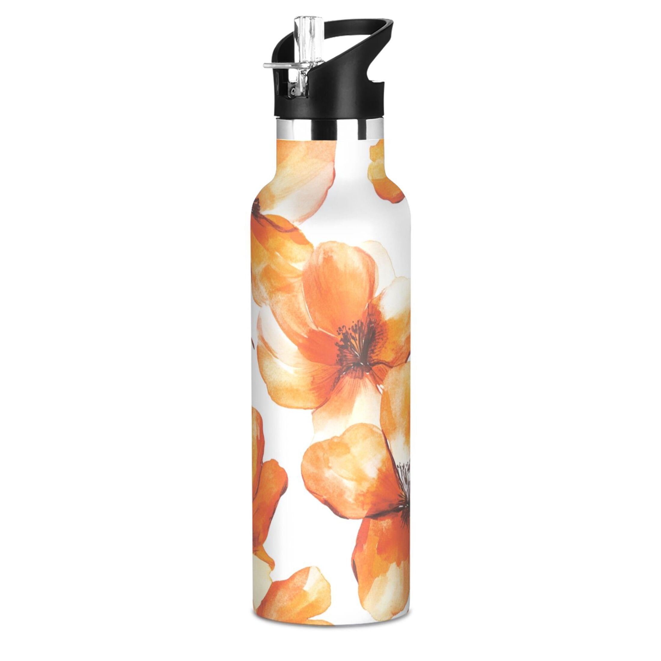 600ML Stainless Steel Insulated Cup Sports Water Bottle Portable Thermos Cup Water Glasses Insulated Tumblers Convenient and Durable Orange Flower