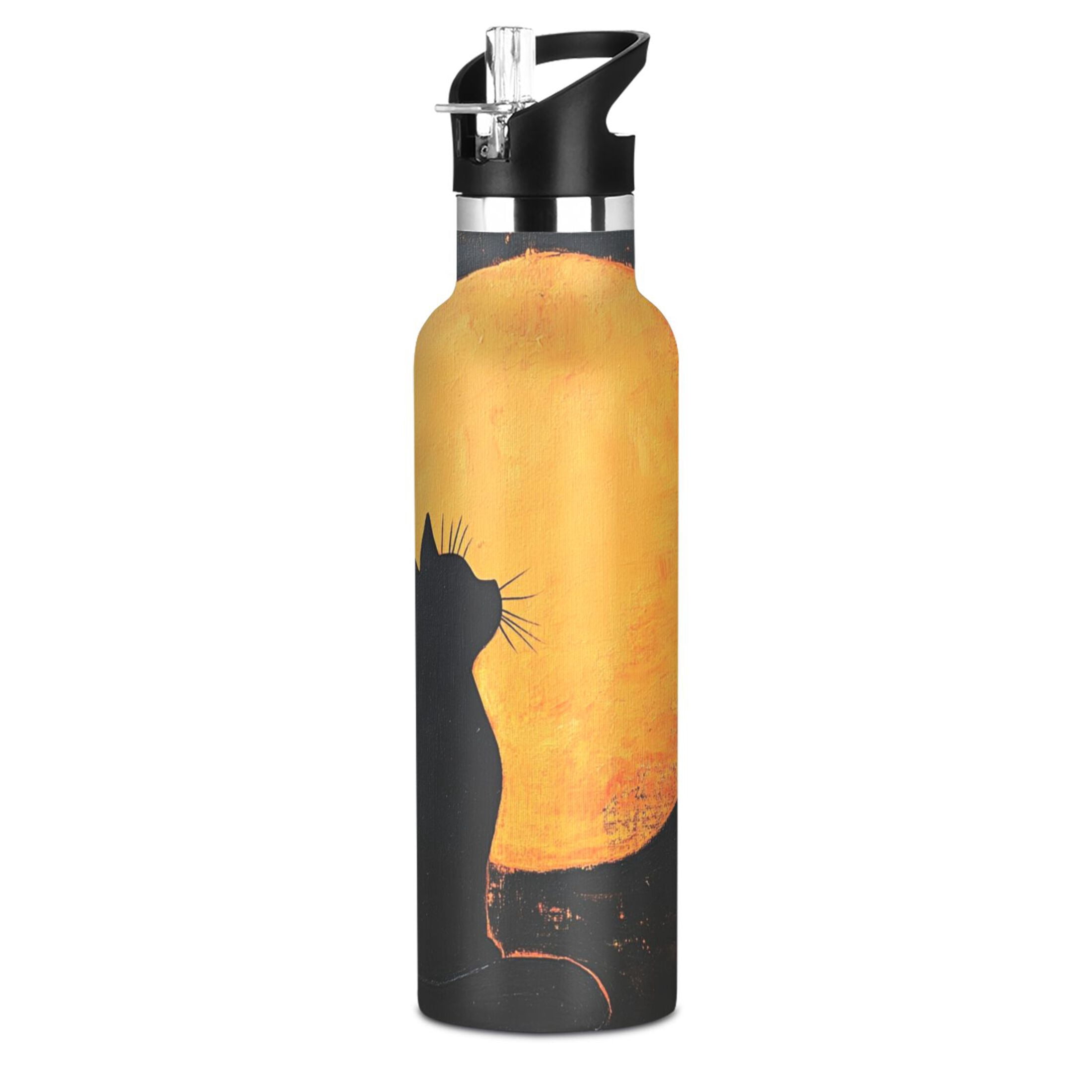 600ML Stainless Steel Insulated Cup Sports Water Bottle Portable Thermos Cup Water Glasses Insulated Tumblers Convenient and Durable Orange Moon Cat