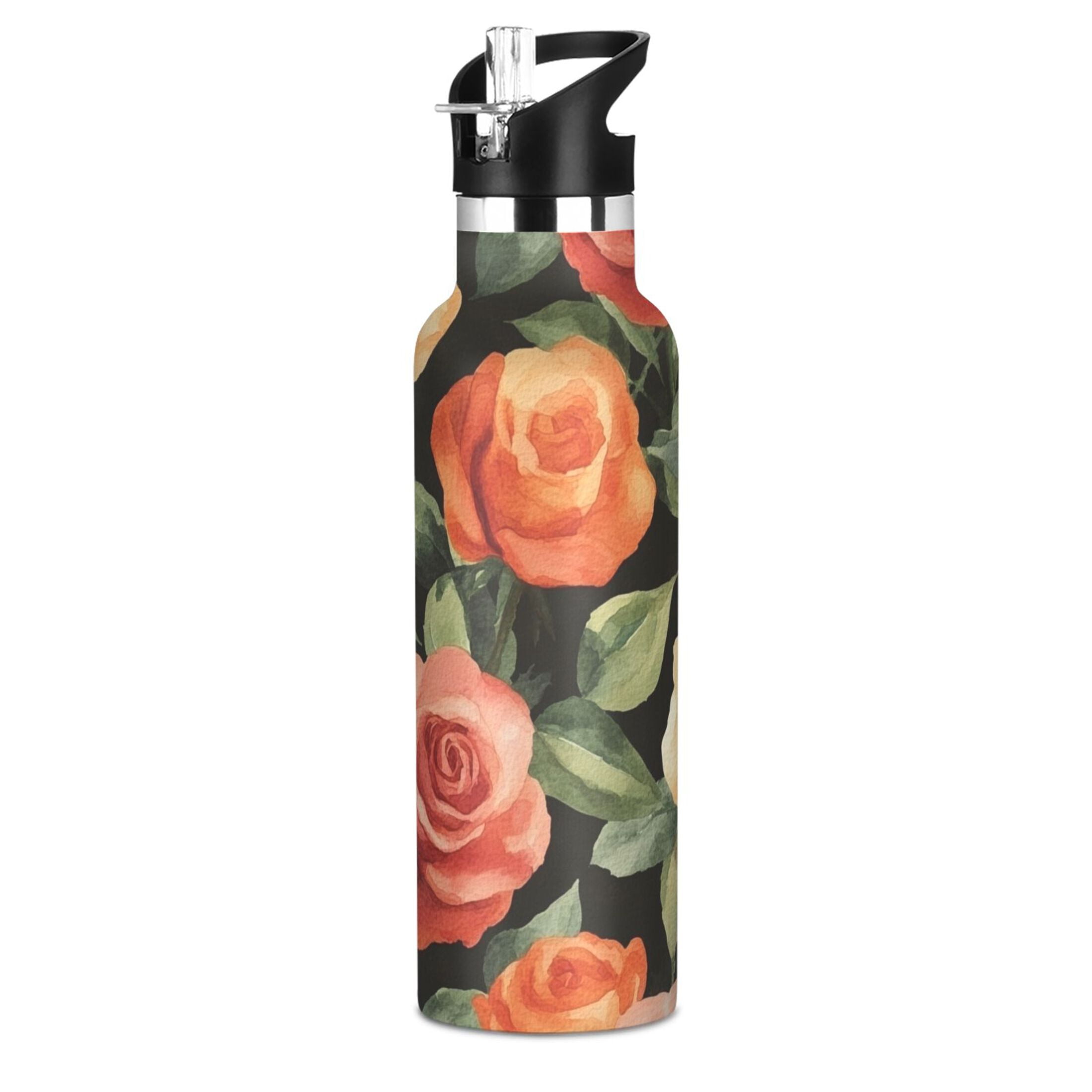 600ML Stainless Steel Insulated Cup Sports Water Bottle Portable Thermos Cup Water Glasses Insulated Tumblers Convenient and Durable Orange Roses