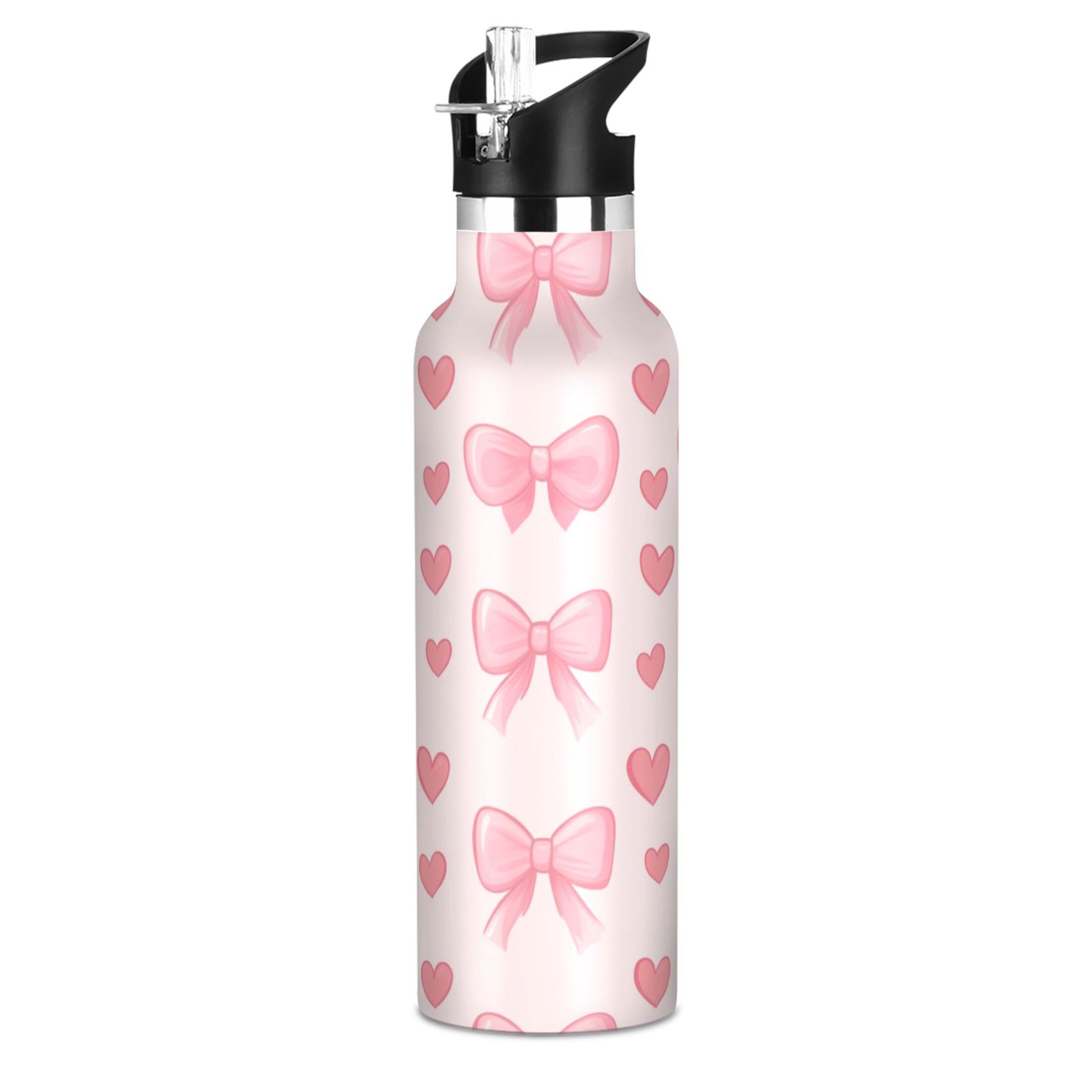 600ML Stainless Steel Insulated Cup Sports Water Bottle Portable Thermos Cup Water Glasses Insulated Tumblers Convenient and Durable Pink Bow