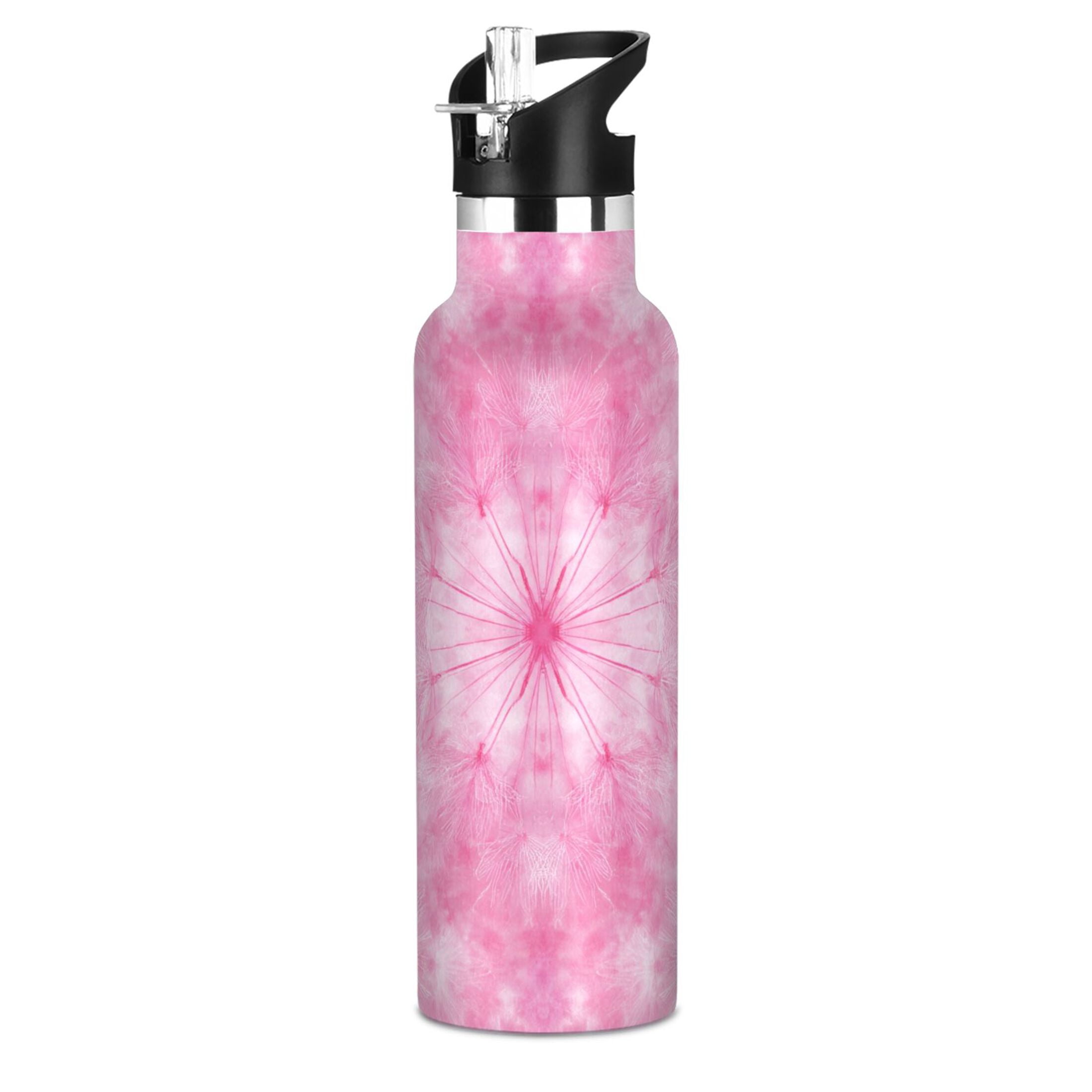 600ML Stainless Steel Insulated Cup Sports Water Bottle Portable Thermos Cup Water Glasses Insulated Tumblers Convenient and Durable Pink Dandelion