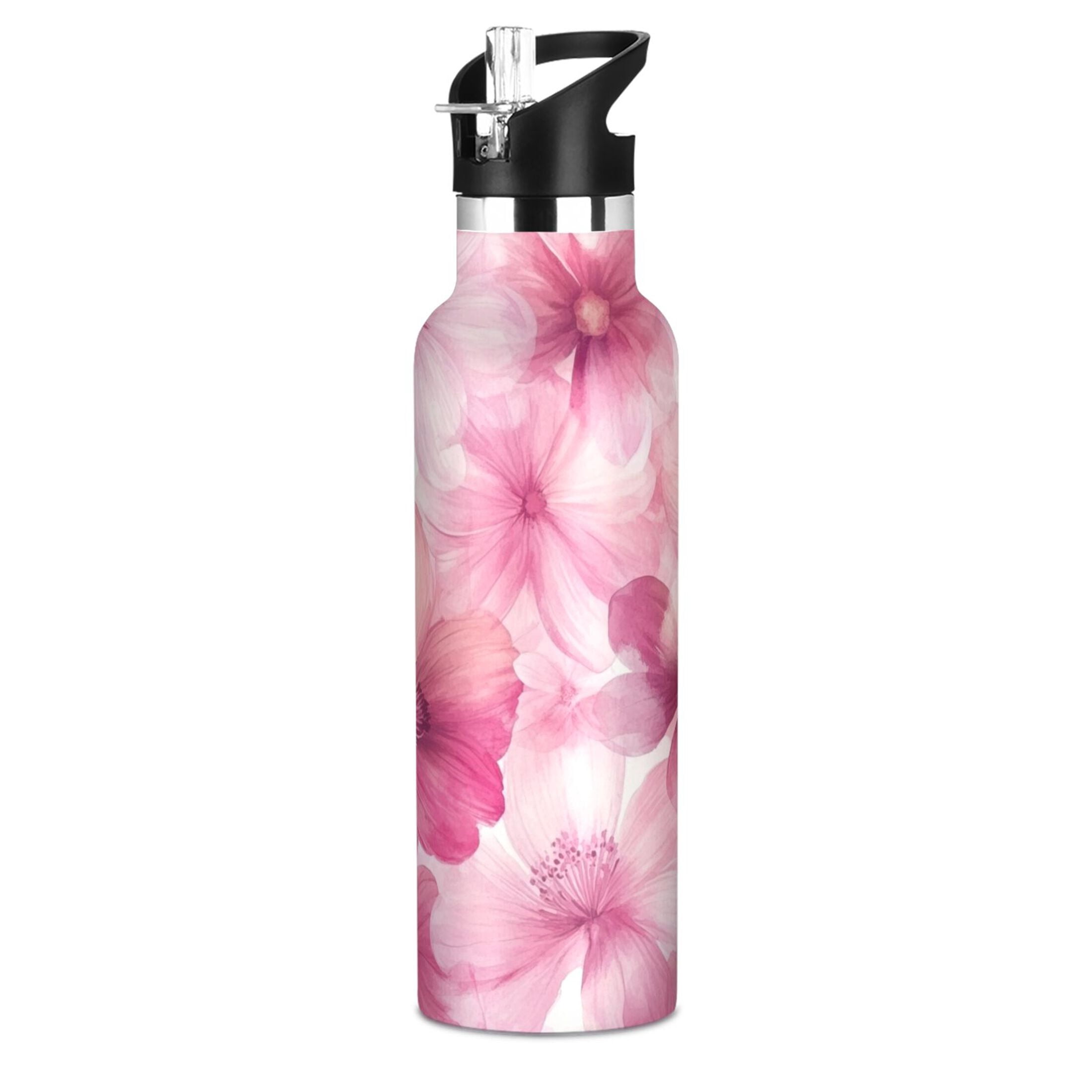 600ML Stainless Steel Insulated Cup Sports Water Bottle Portable Thermos Cup Water Glasses Insulated Tumblers Convenient and Durable Pink Flowers