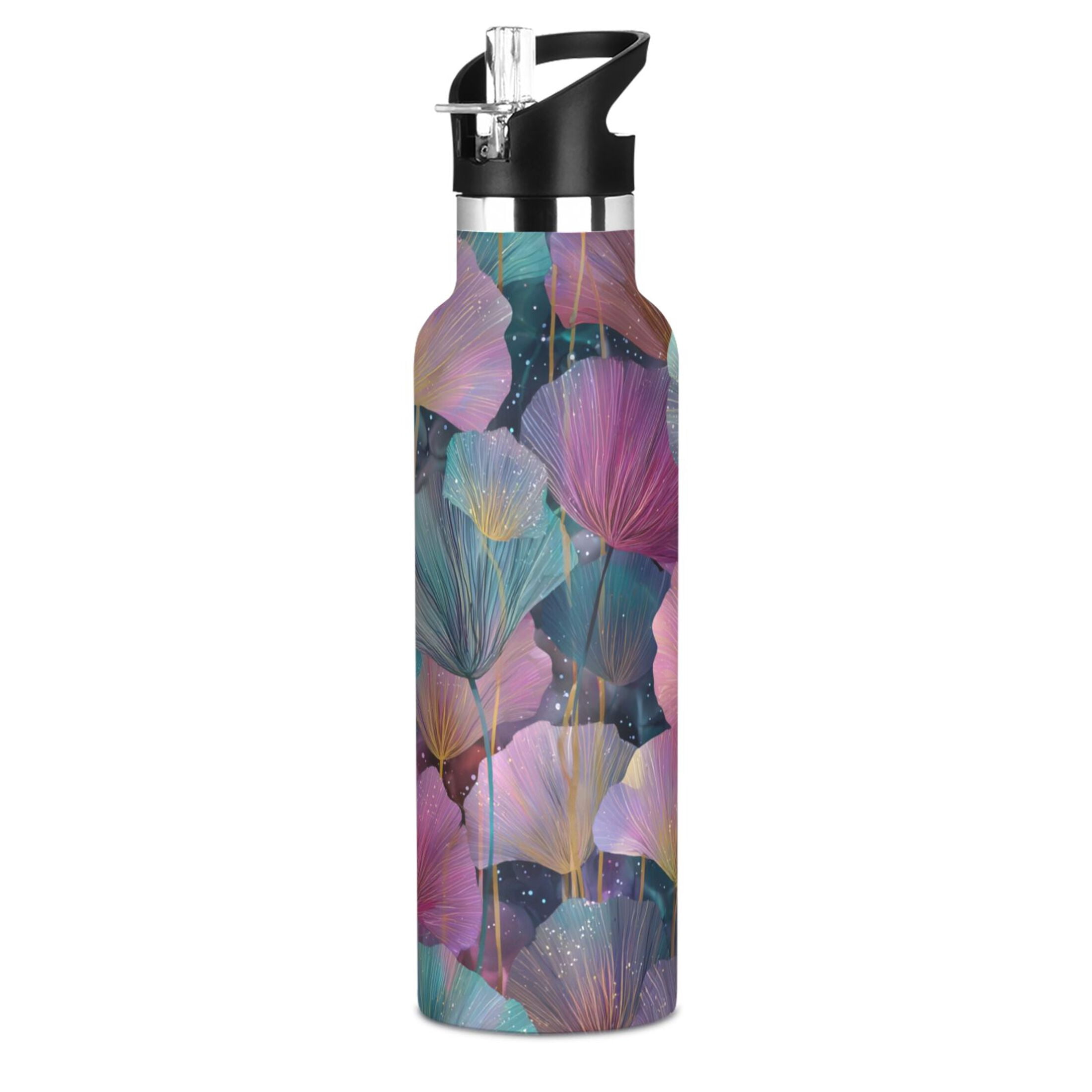 600ML Stainless Steel Insulated Cup Sports Water Bottle Portable Thermos Cup Water Glasses Insulated Tumblers Convenient and Durable Pink Leaves