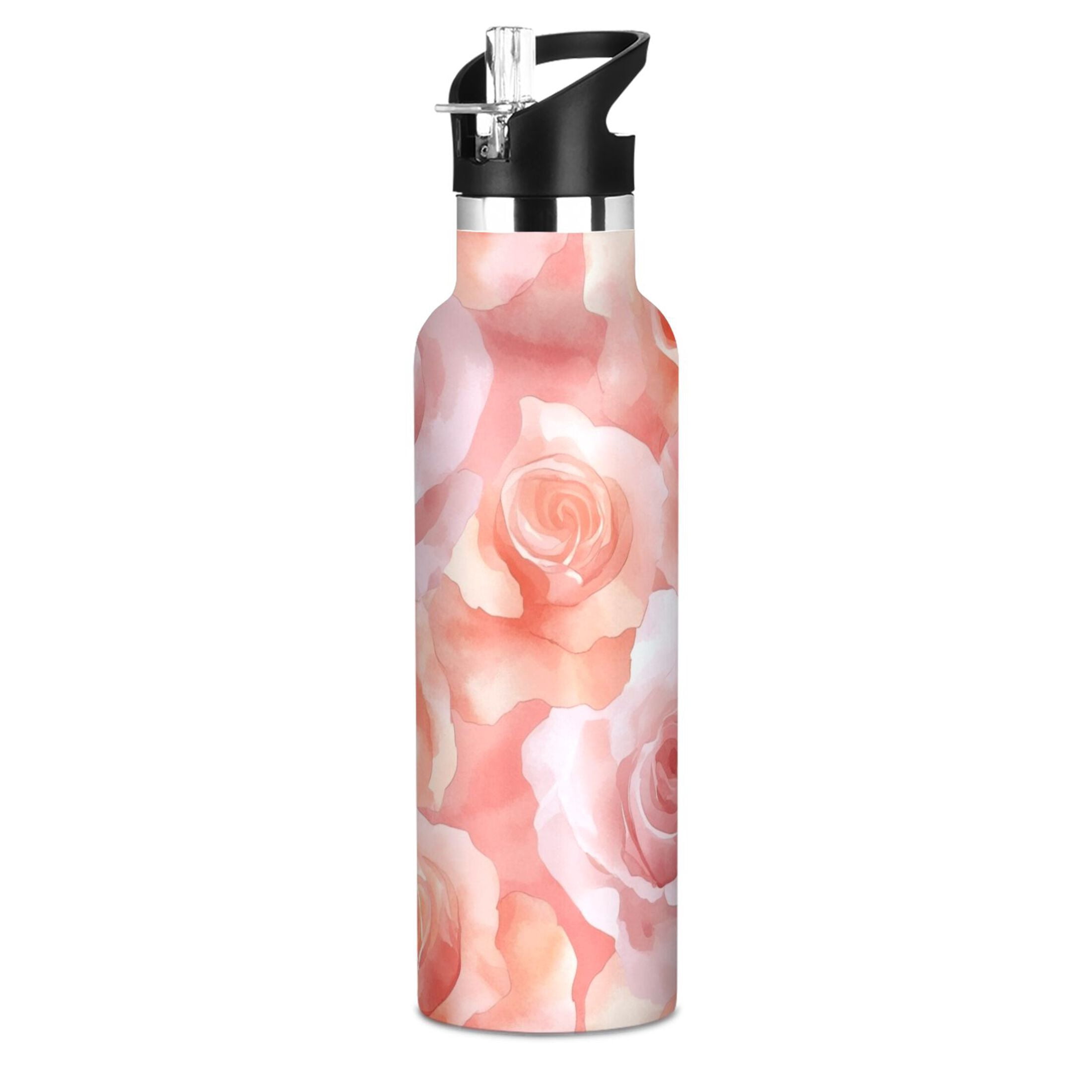 600ML Stainless Steel Insulated Cup Sports Water Bottle Portable Thermos Cup Water Glasses Insulated Tumblers Convenient and Durable Pink Roses