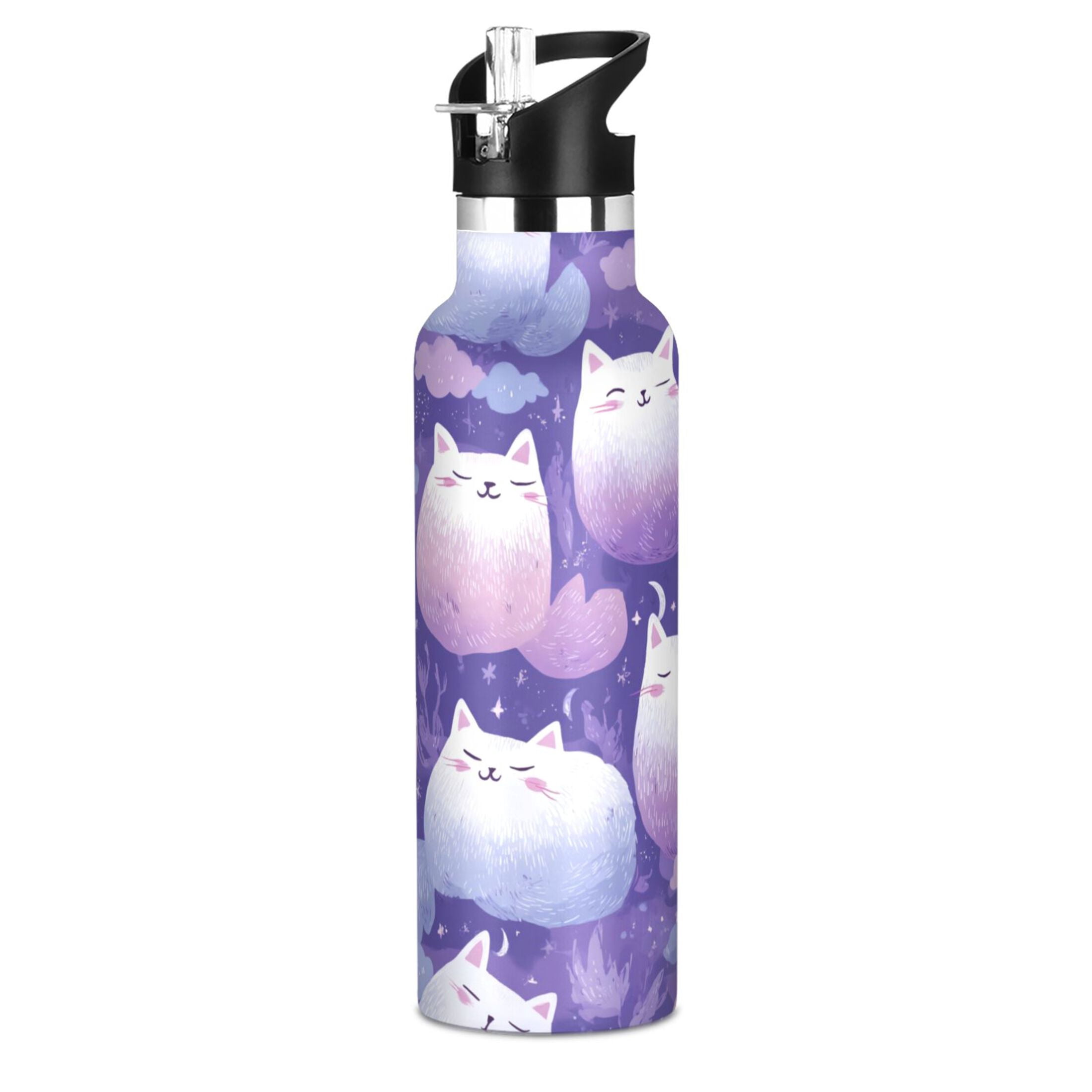 600ML Stainless Steel Insulated Cup Sports Water Bottle Portable Thermos Cup Water Glasses Insulated Tumblers Convenient and Durable Purple Cat