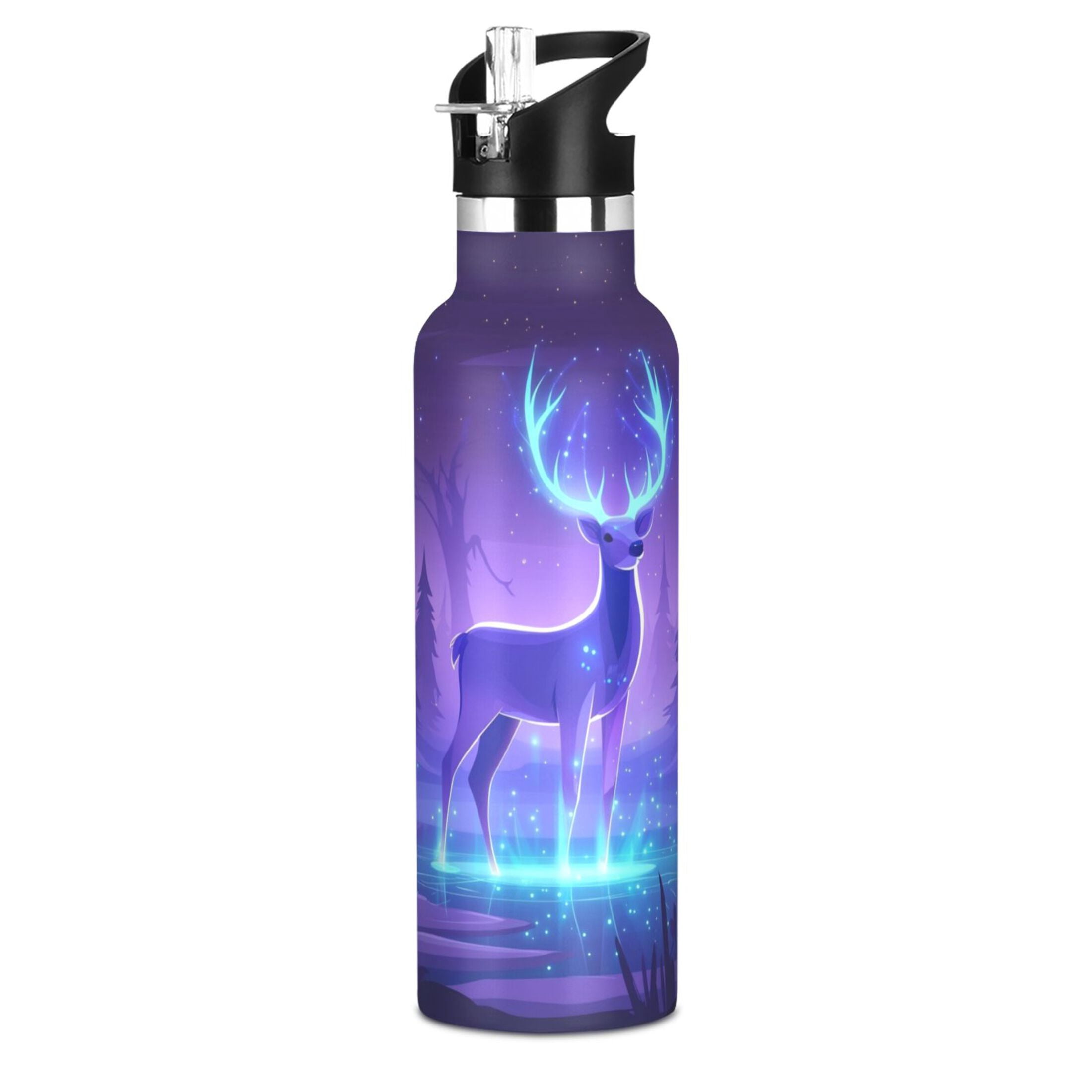 600ML Stainless Steel Insulated Cup Sports Water Bottle Portable Thermos Cup Water Glasses Insulated Tumblers Convenient and Durable Purple Deer
