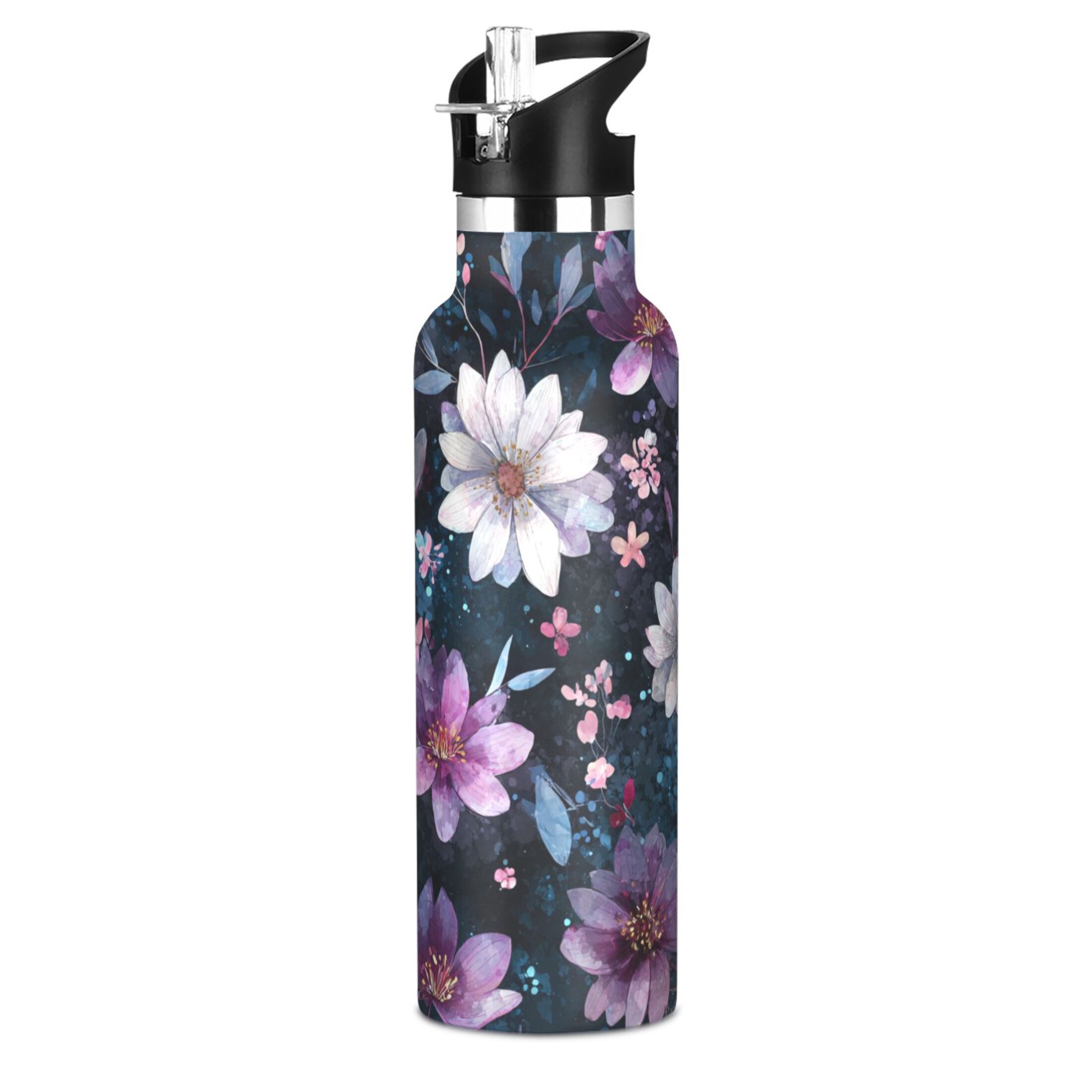 600ML Stainless Steel Insulated Cup Sports Water Bottle Portable Thermos Cup Water Glasses Insulated Tumblers Convenient and Durable Purple Flowers