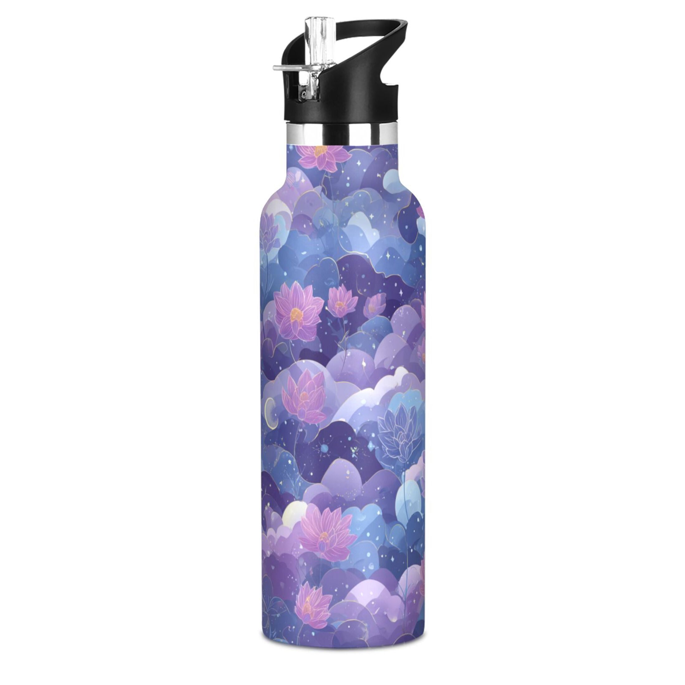 600ML Stainless Steel Insulated Cup Sports Water Bottle Portable Thermos Cup Water Glasses Insulated Tumblers Convenient and Durable Purple Flowers