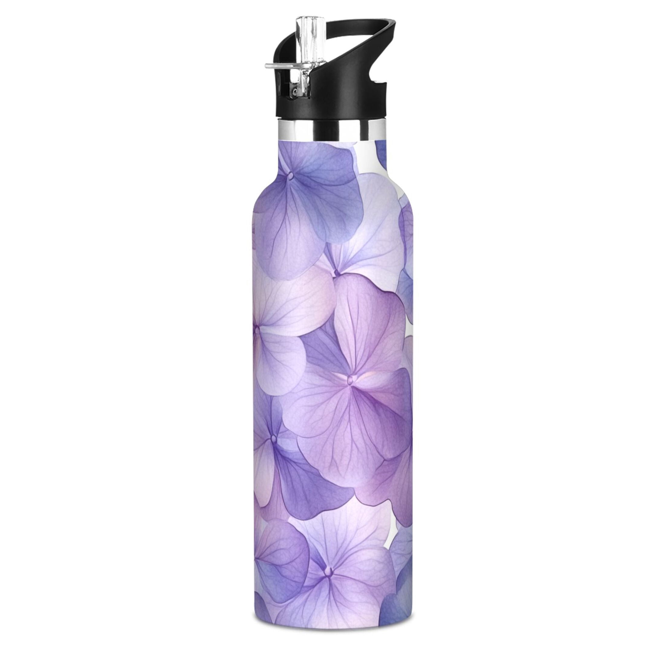 600ML Stainless Steel Insulated Cup Sports Water Bottle Portable Thermos Cup Water Glasses Insulated Tumblers Convenient and Durable Purple Hydrangea