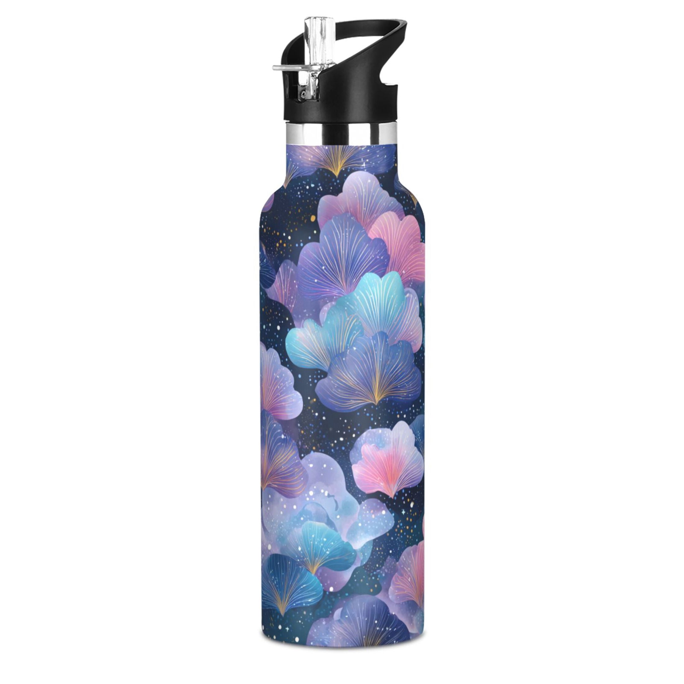 600ML Stainless Steel Insulated Cup Sports Water Bottle Portable Thermos Cup Water Glasses Insulated Tumblers Convenient and Durable Purple Leaves