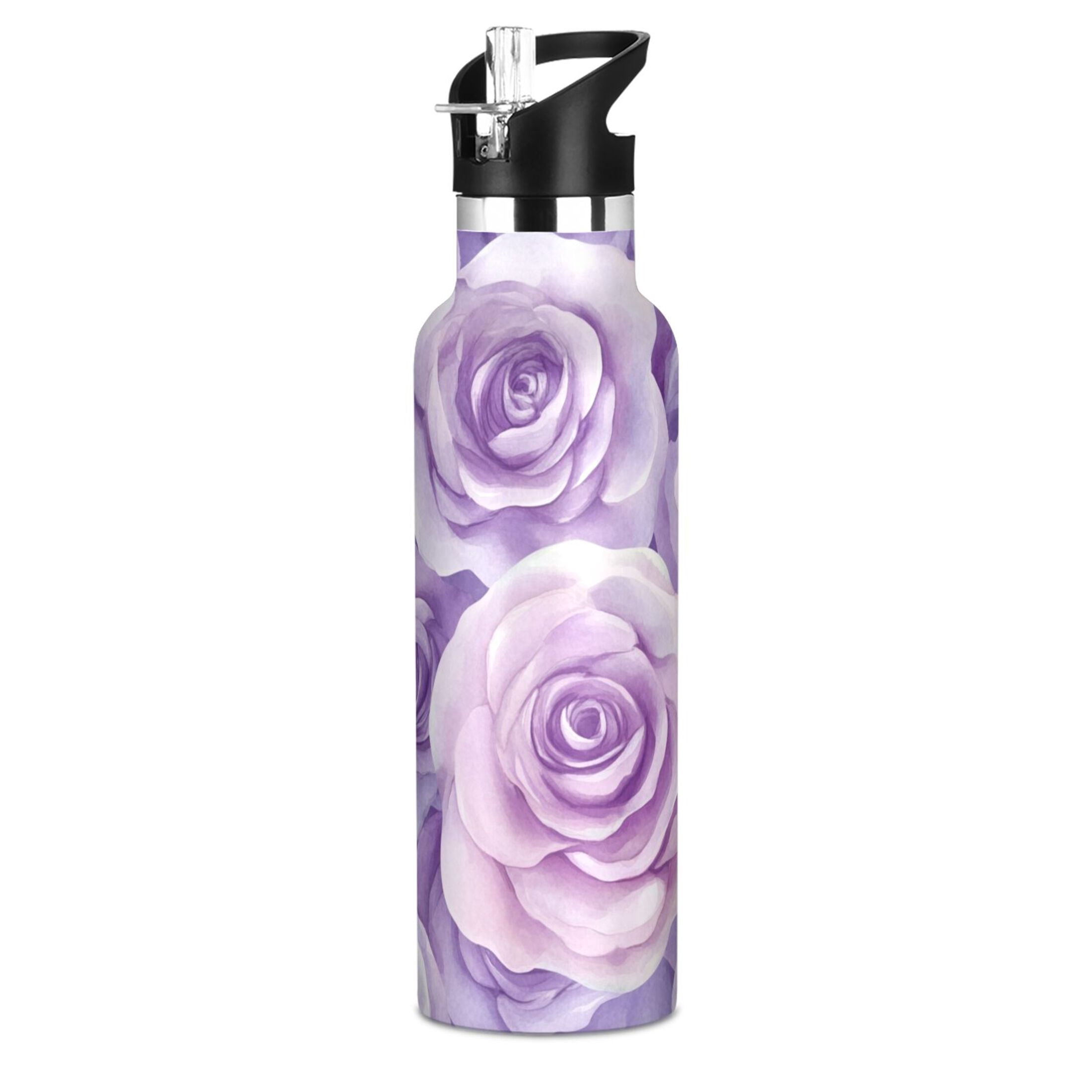 600ML Stainless Steel Insulated Cup Sports Water Bottle Portable Thermos Cup Water Glasses Insulated Tumblers Convenient and Durable Purple Roses