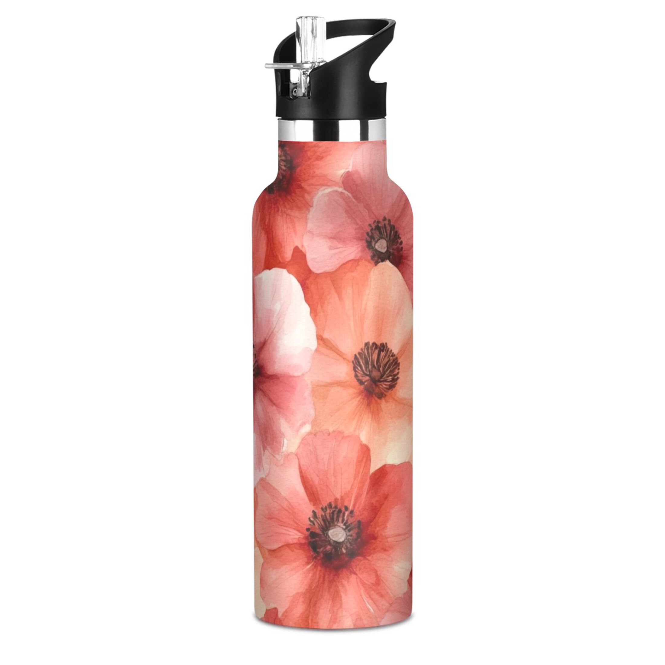 600ML Stainless Steel Insulated Cup Sports Water Bottle Portable Thermos Cup Water Glasses Insulated Tumblers Convenient and Durable Red Flower