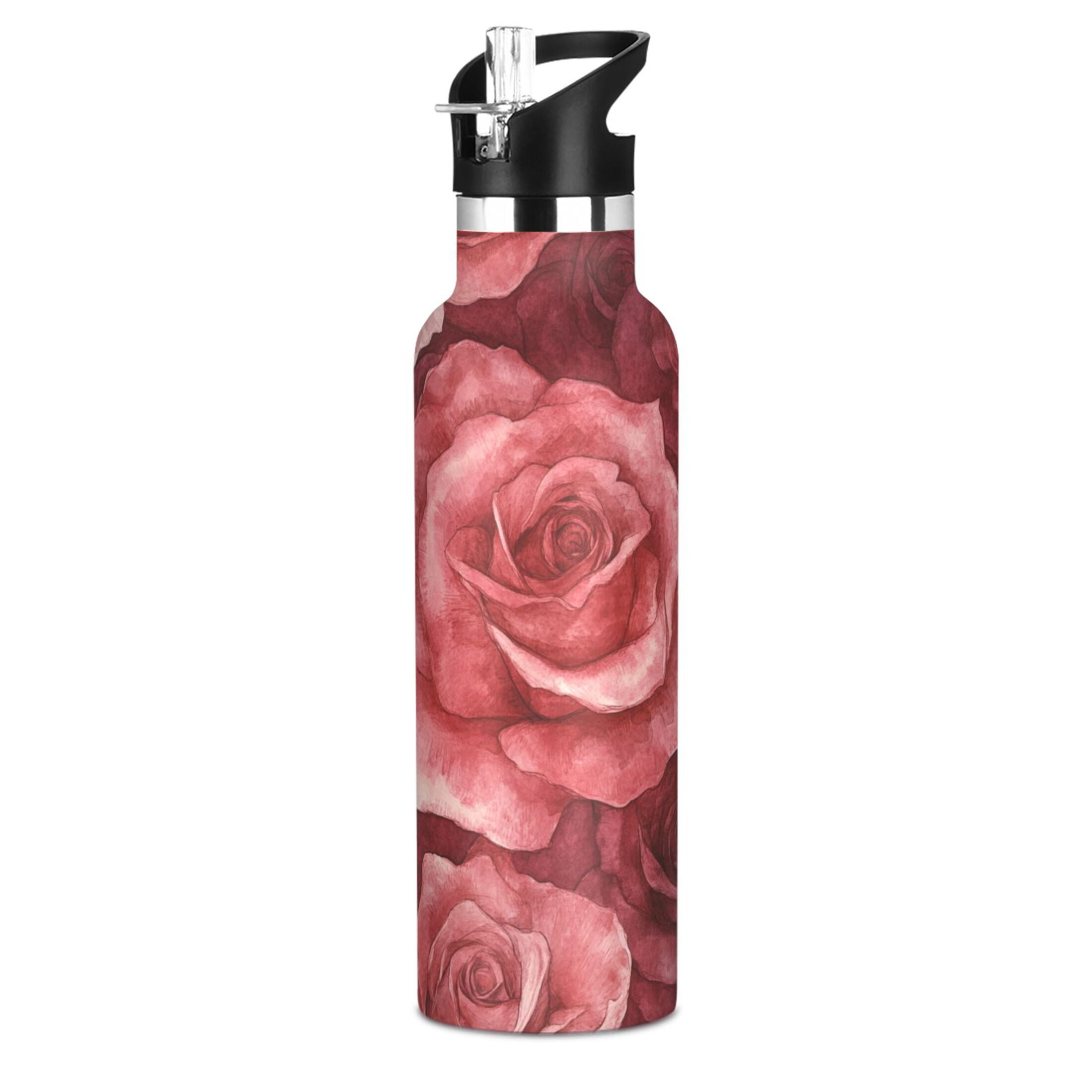 600ML Stainless Steel Insulated Cup Sports Water Bottle Portable Thermos Cup Water Glasses Insulated Tumblers Convenient and Durable Red Roses