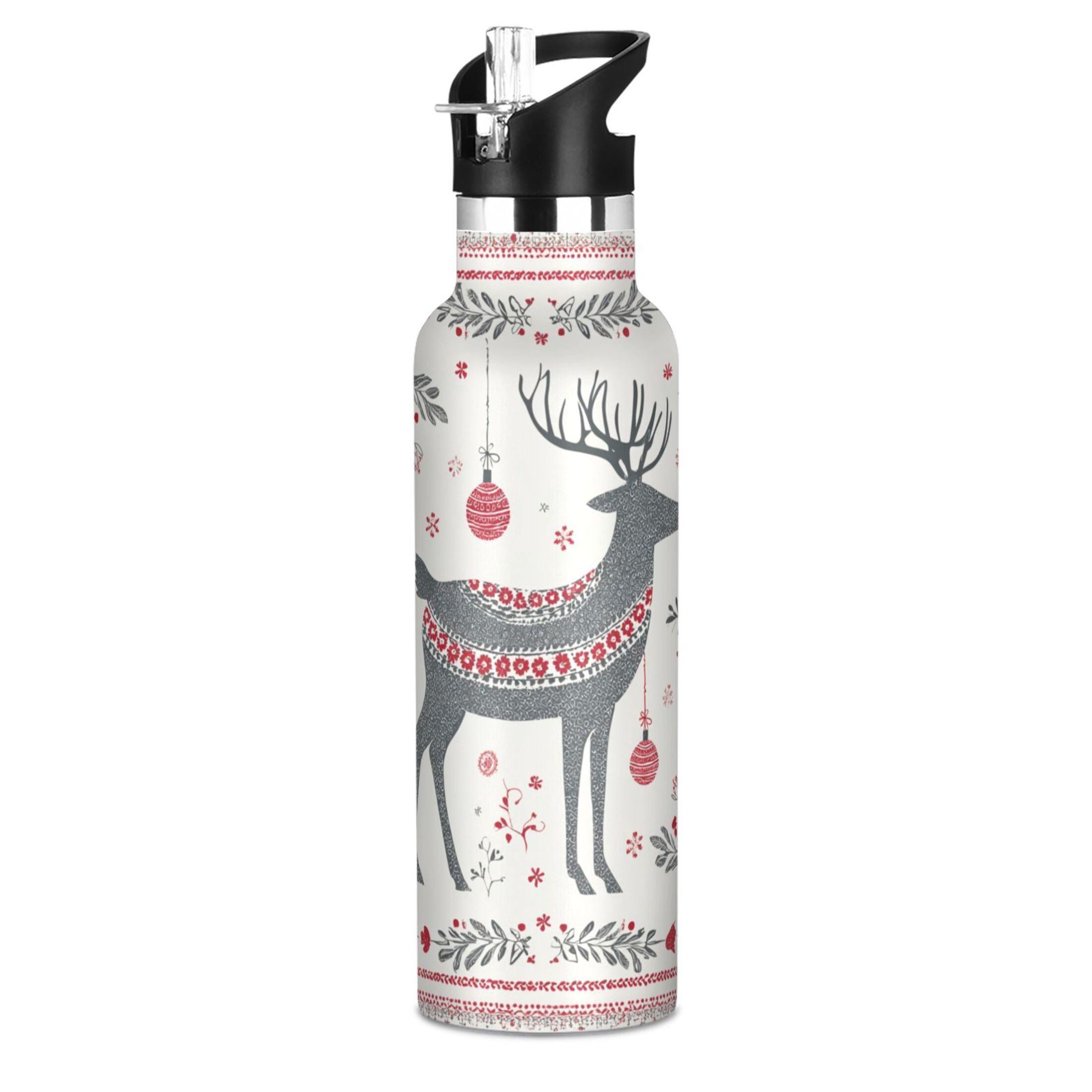 600ML Stainless Steel Insulated Cup Sports Water Bottle Portable Thermos Cup Water Glasses Insulated Tumblers Convenient and Durable Reindeer Pattern