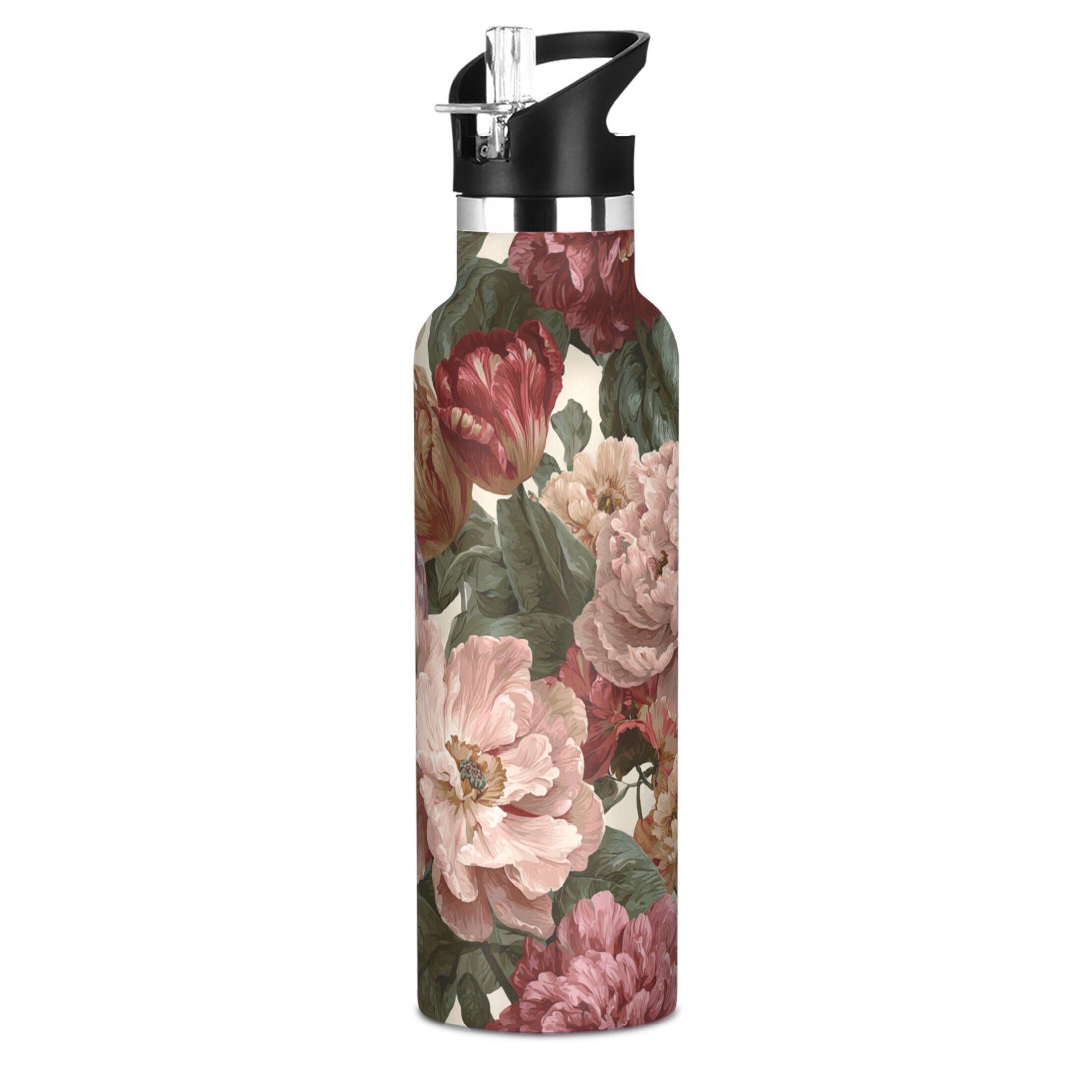 600ML Stainless Steel Insulated Cup Sports Water Bottle Portable Thermos Cup Water Glasses Insulated Tumblers Convenient and Durable Retro Flowers
