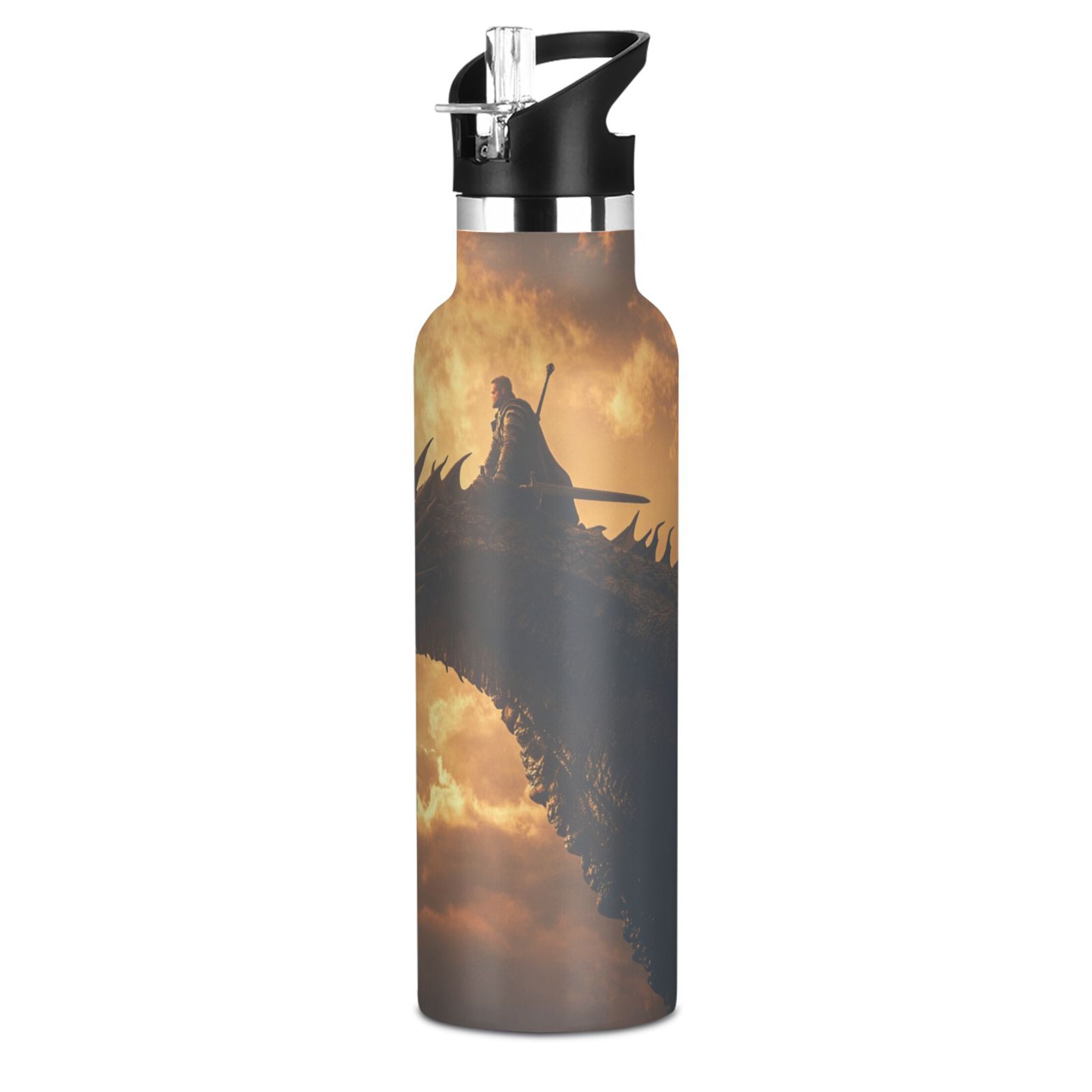600ML Stainless Steel Insulated Cup Sports Water Bottle Portable Thermos Cup Water Glasses Insulated Tumblers Convenient and Durable Riding A Dragon