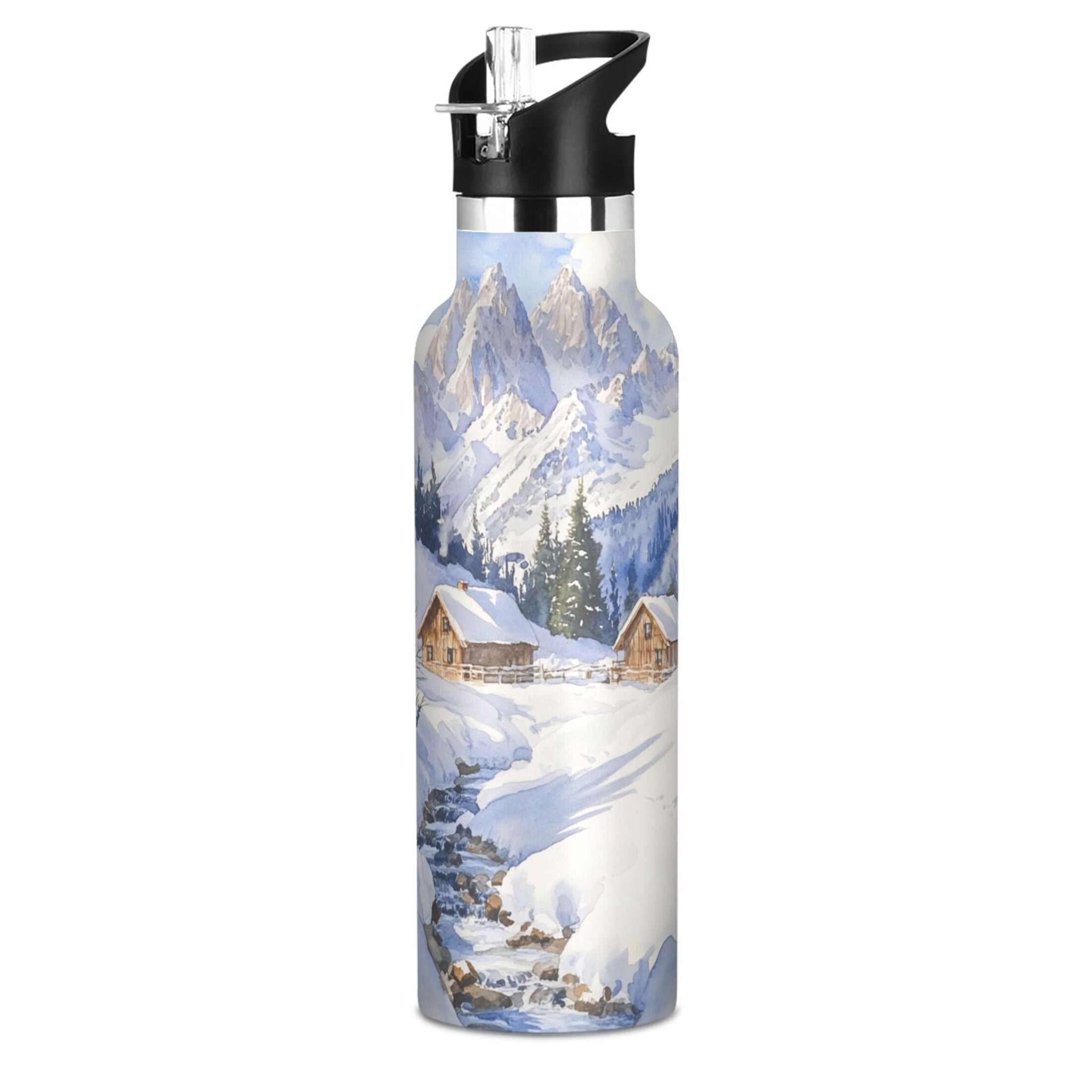 600ML Stainless Steel Insulated Cup Sports Water Bottle Portable Thermos Cup Water Glasses Insulated Tumblers Convenient and Durable Snow Scene