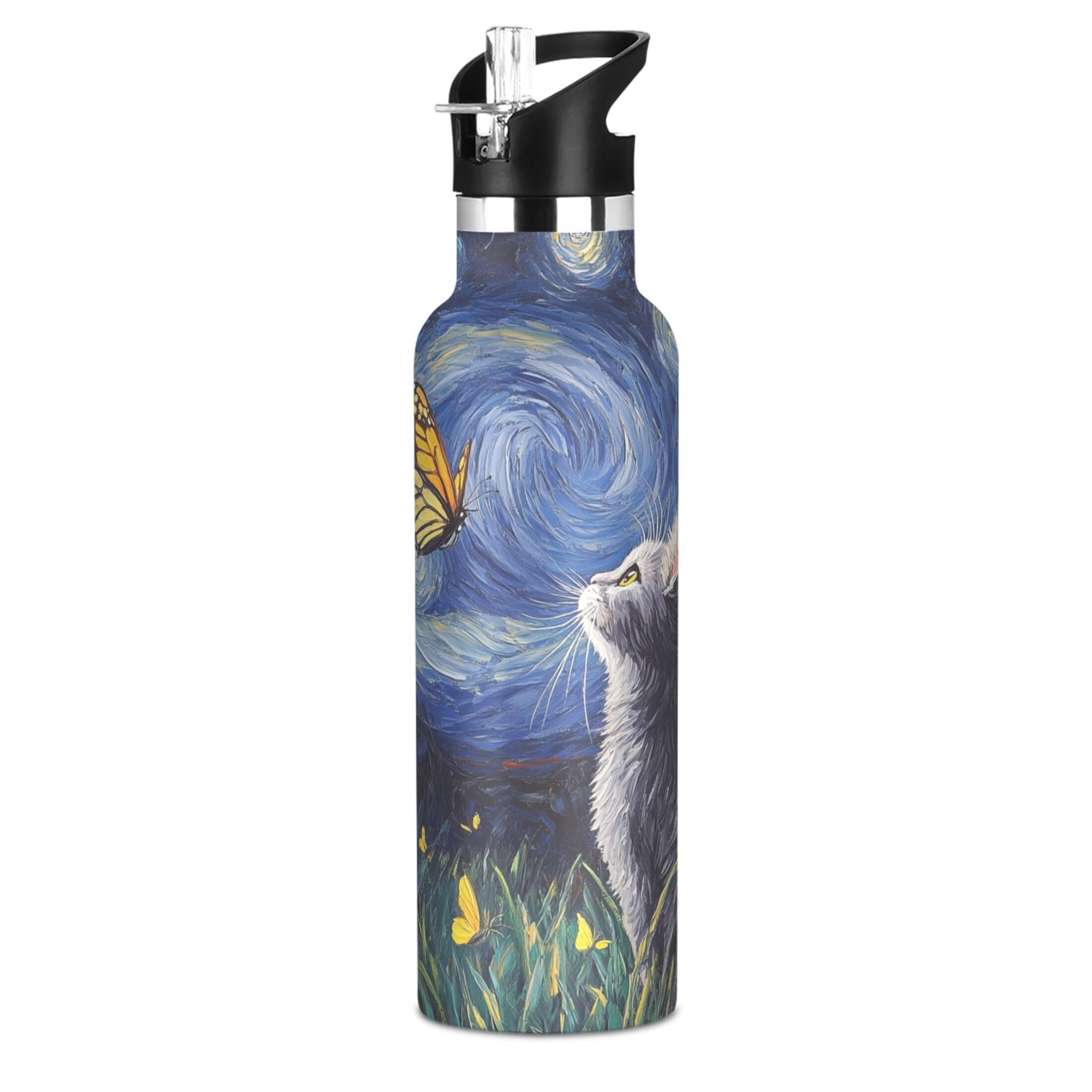 600ML Stainless Steel Insulated Cup Sports Water Bottle Portable Thermos Cup Water Glasses Insulated Tumblers Convenient and Durable Star Cat