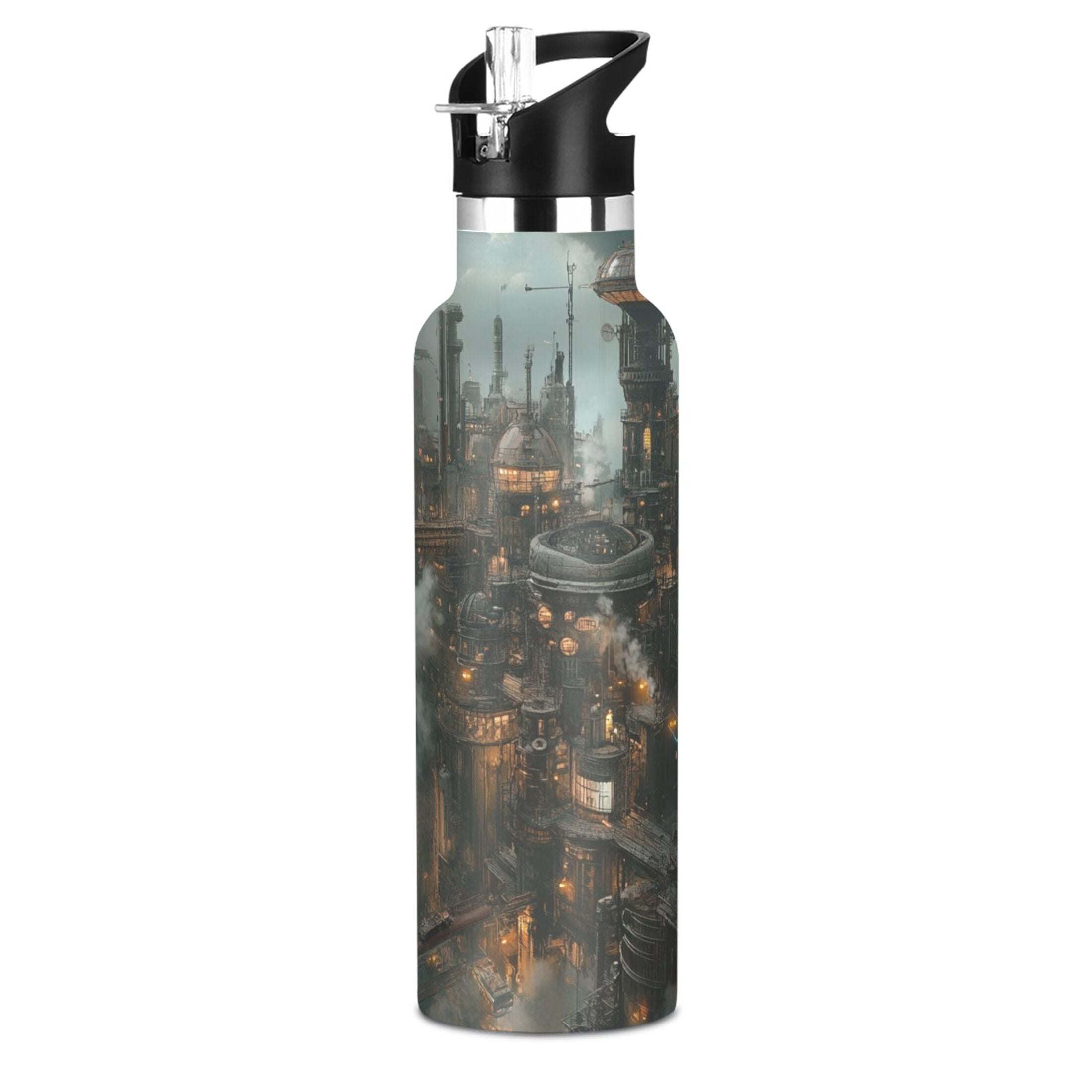 600ML Stainless Steel Insulated Cup Sports Water Bottle Portable Thermos Cup Water Glasses Insulated Tumblers Convenient and Durable Steampunk City