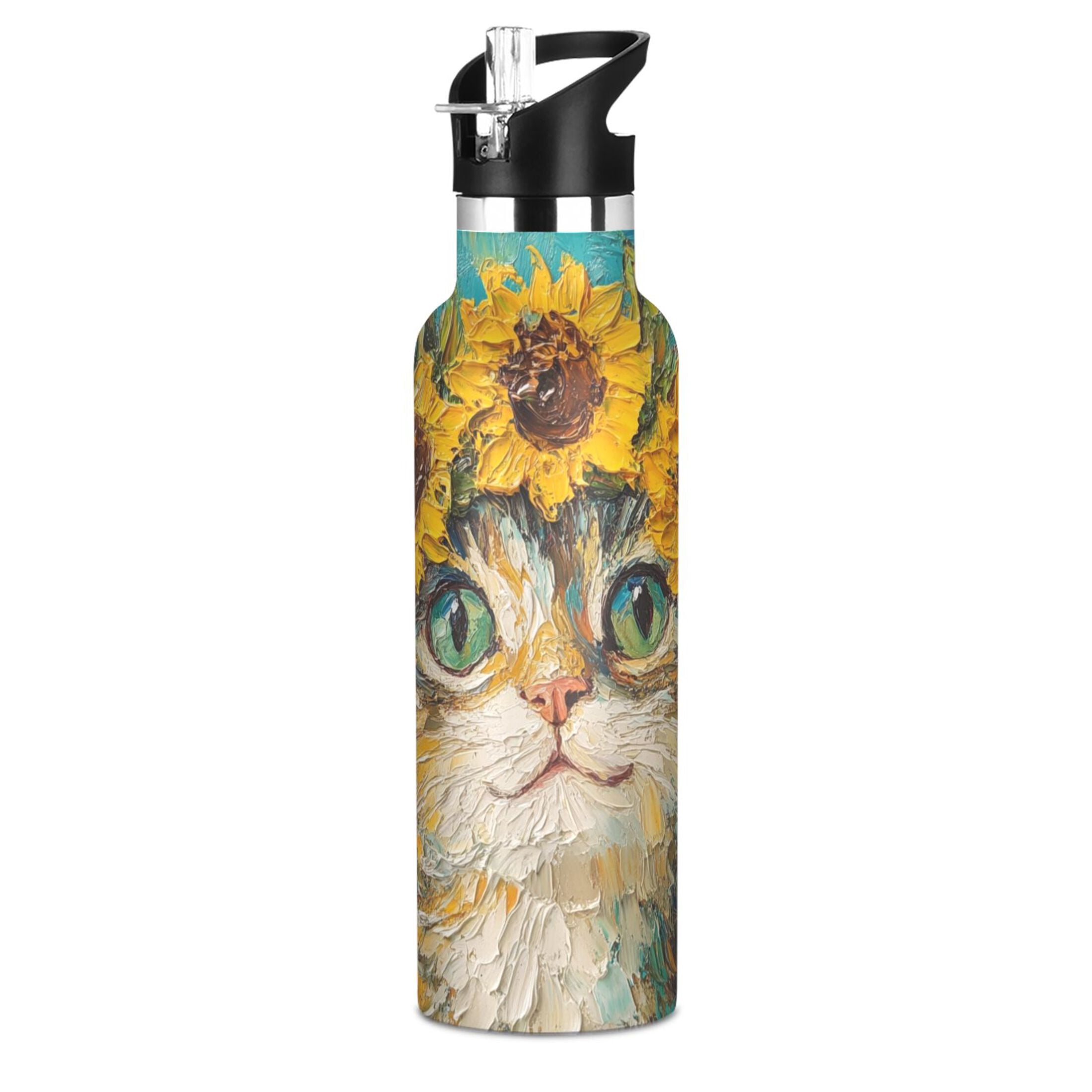 600ML Stainless Steel Insulated Cup Sports Water Bottle Portable Thermos Cup Water Glasses Insulated Tumblers Convenient and Durable Sunflower Cat