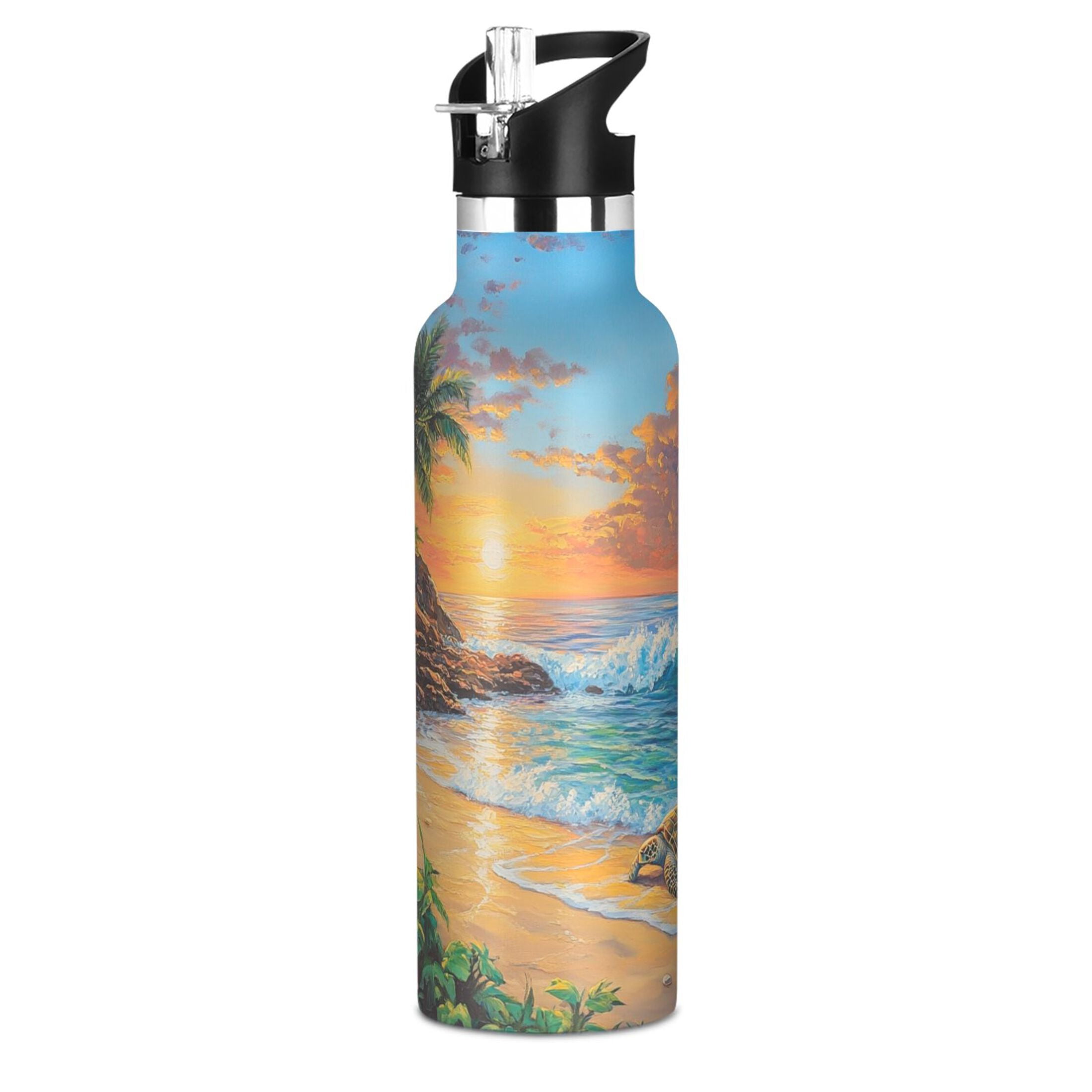 600ML Stainless Steel Insulated Cup Sports Water Bottle Portable Thermos Cup Water Glasses Insulated Tumblers Convenient and Durable Sunset Sea