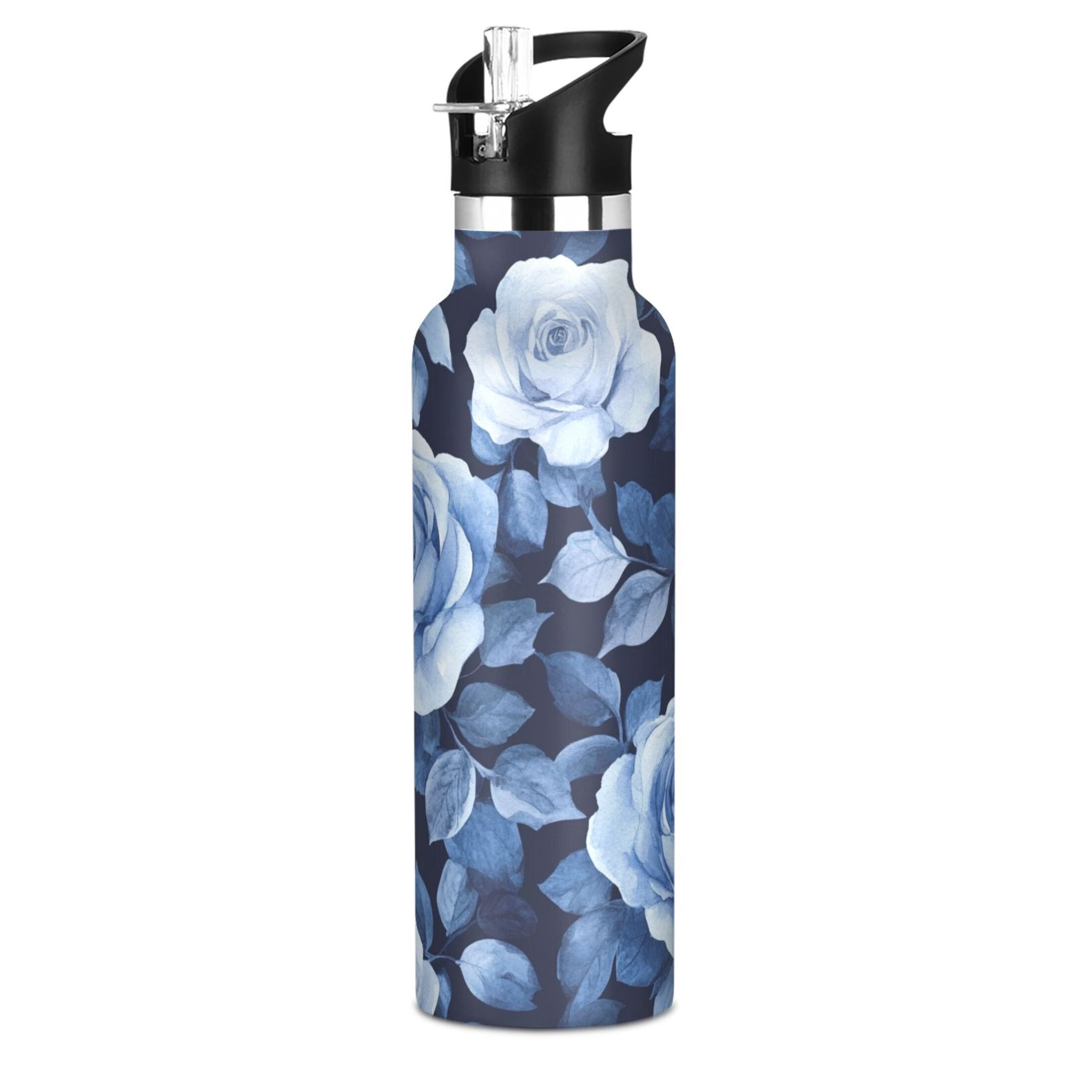 600ML Stainless Steel Insulated Cup Sports Water Bottle Portable Thermos Cup Water Glasses Insulated Tumblers Convenient and Durable Teal Roses