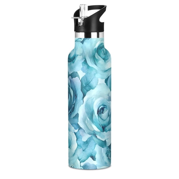 600ML Stainless Steel Insulated Cup Sports Water Bottle Portable Thermos Cup Water Glasses Insulated Tumblers Convenient and Durable Turquoise Roses