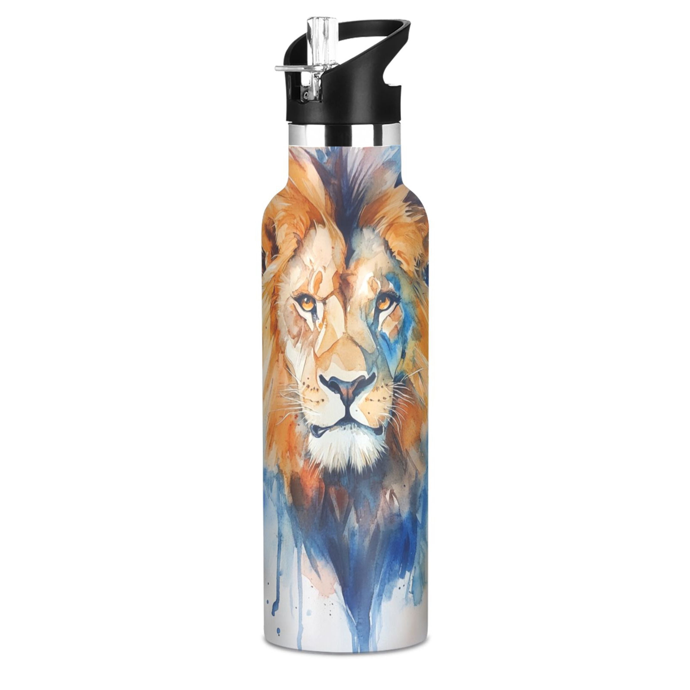 600ML Stainless Steel Insulated Cup Sports Water Bottle Portable Thermos Cup Water Glasses Insulated Tumblers Convenient and Durable Watercolor Lion
