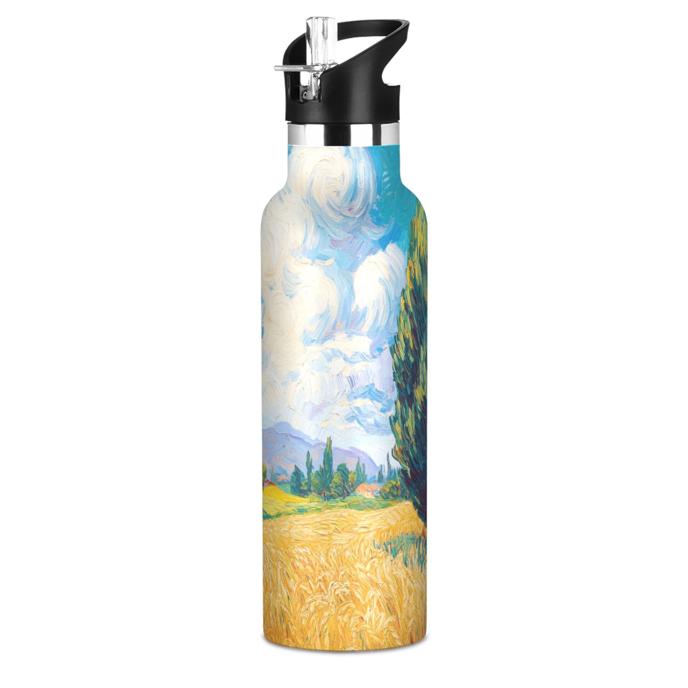 600ML Stainless Steel Insulated Cup Sports Water Bottle Portable Thermos Cup Water Glasses Insulated Tumblers Convenient and Durable Wheat Field