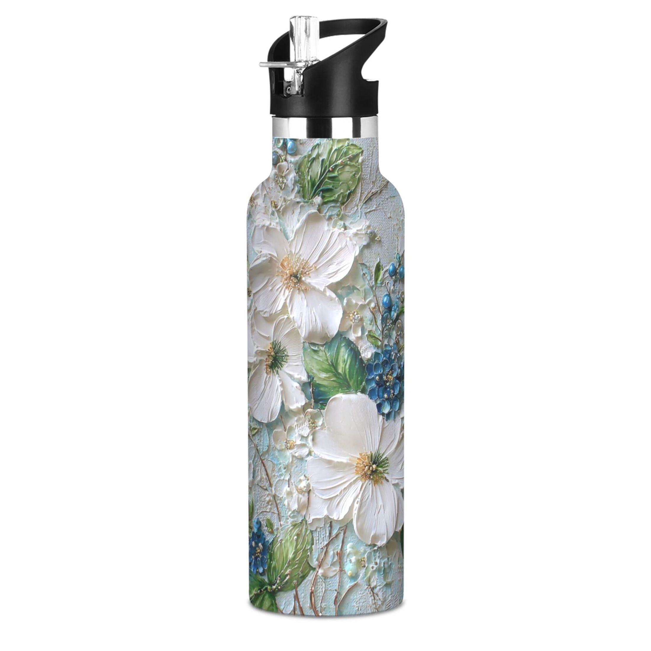 600ML Stainless Steel Insulated Cup Sports Water Bottle Portable Thermos Cup Water Glasses Insulated Tumblers Convenient and Durable White Flowers