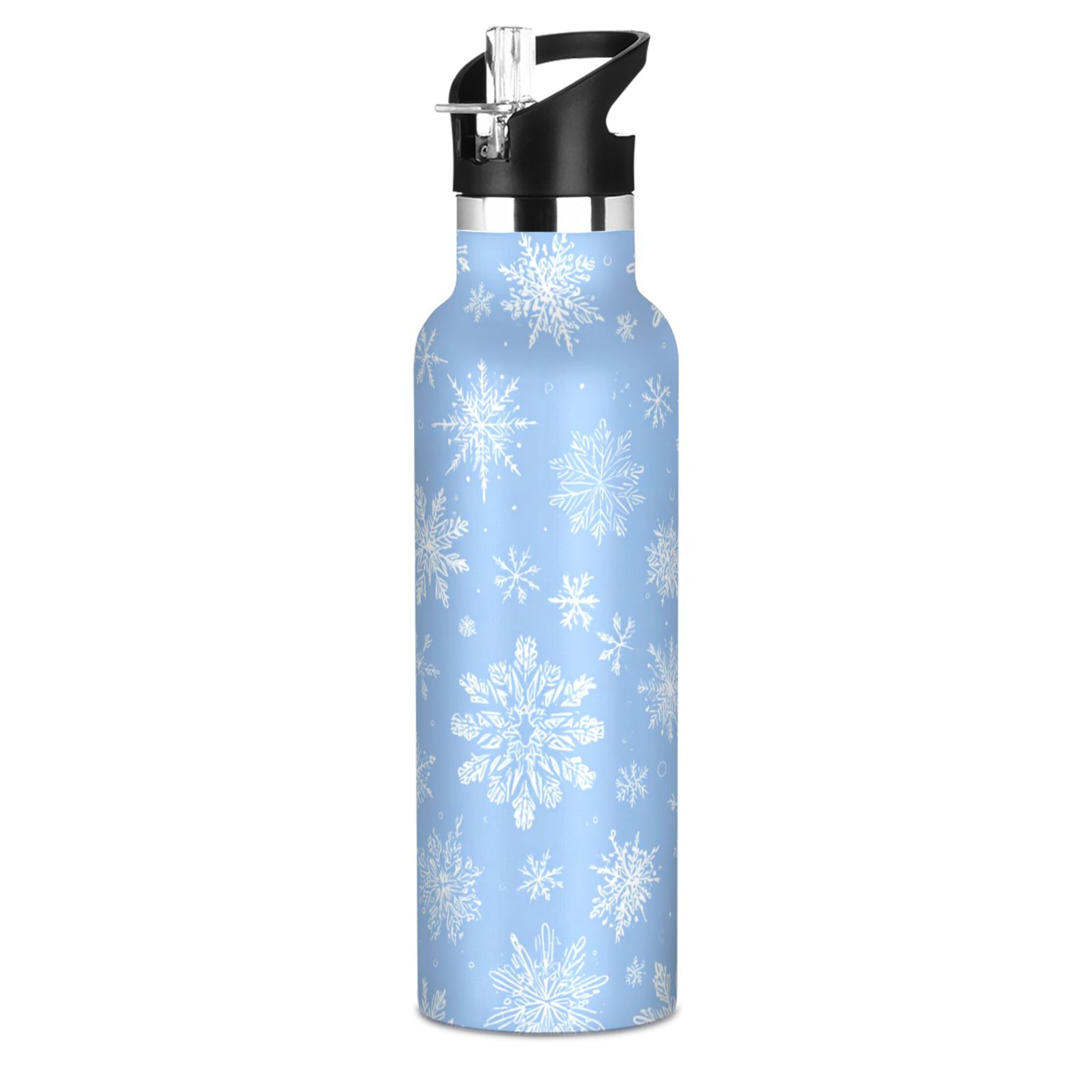 600ML Stainless Steel Insulated Cup Sports Water Bottle Portable Thermos Cup Water Glasses Insulated Tumblers Convenient and Durable White Snowflakes