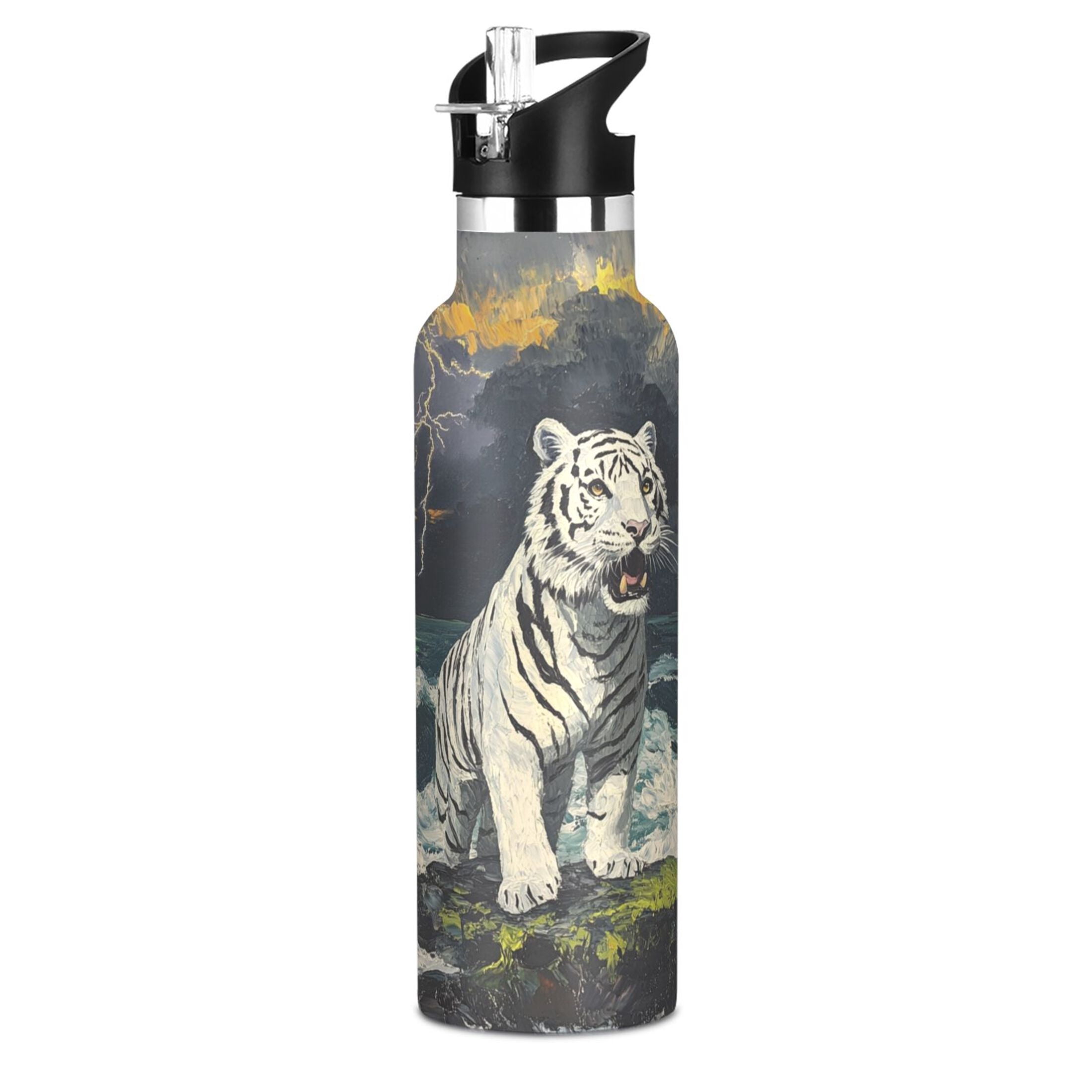 600ML Stainless Steel Insulated Cup Sports Water Bottle Portable Thermos Cup Water Glasses Insulated Tumblers Convenient and Durable White Tiger
