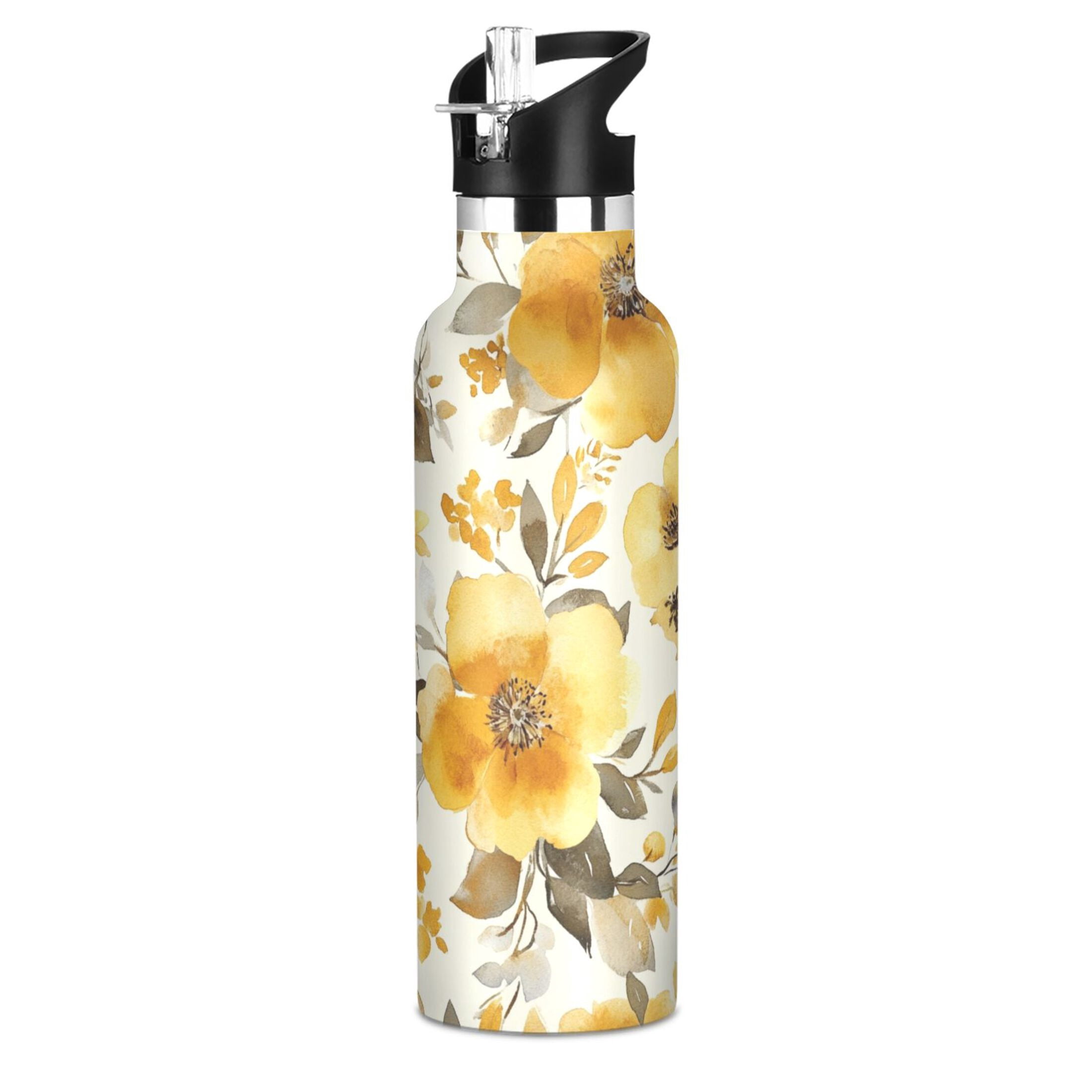 600ML Stainless Steel Insulated Cup Sports Water Bottle Portable Thermos Cup Water Glasses Insulated Tumblers Convenient and Durable Yellow Flowers