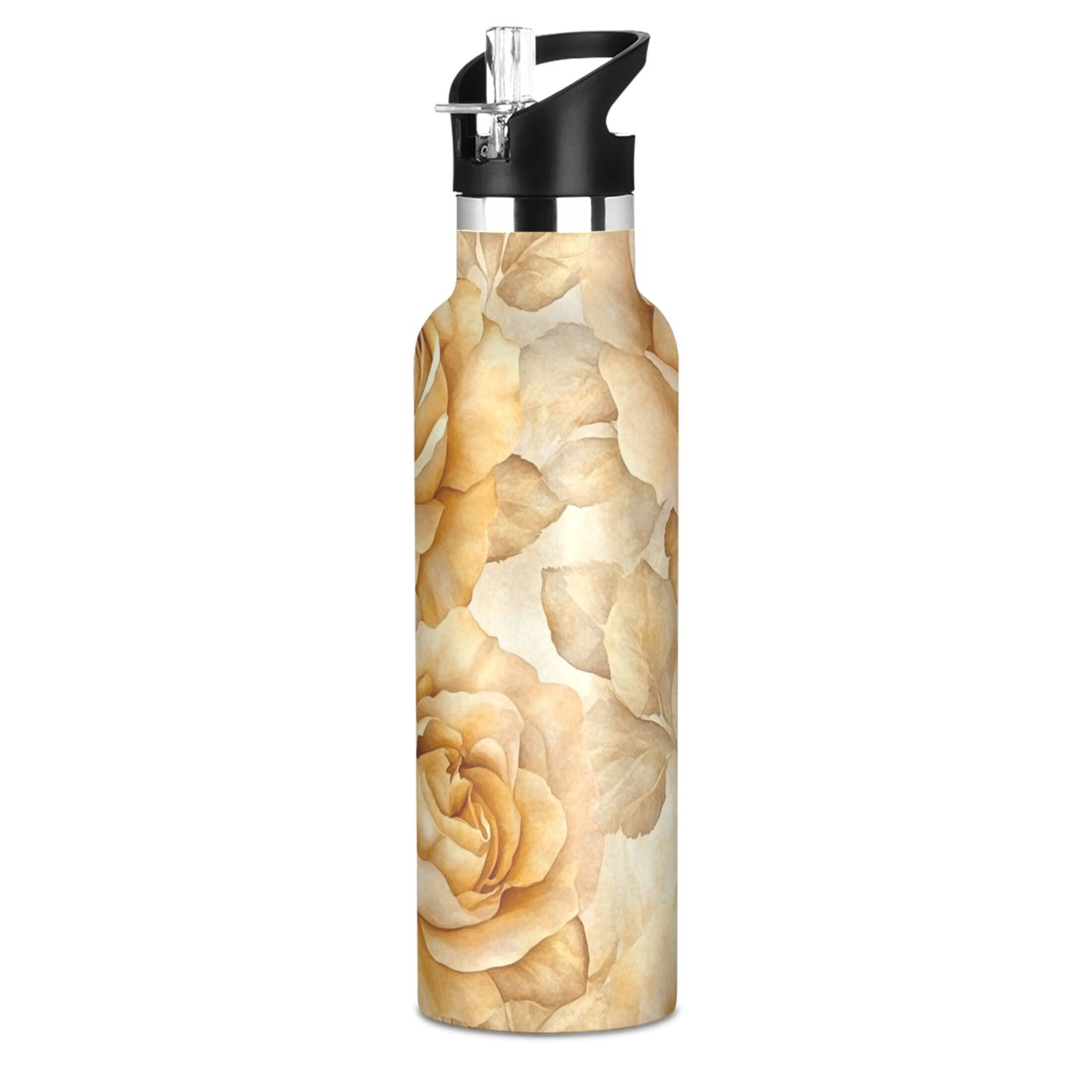 600ML Stainless Steel Insulated Cup Sports Water Bottle Portable Thermos Cup Water Glasses Insulated Tumblers Convenient and Durable Yellow Roses