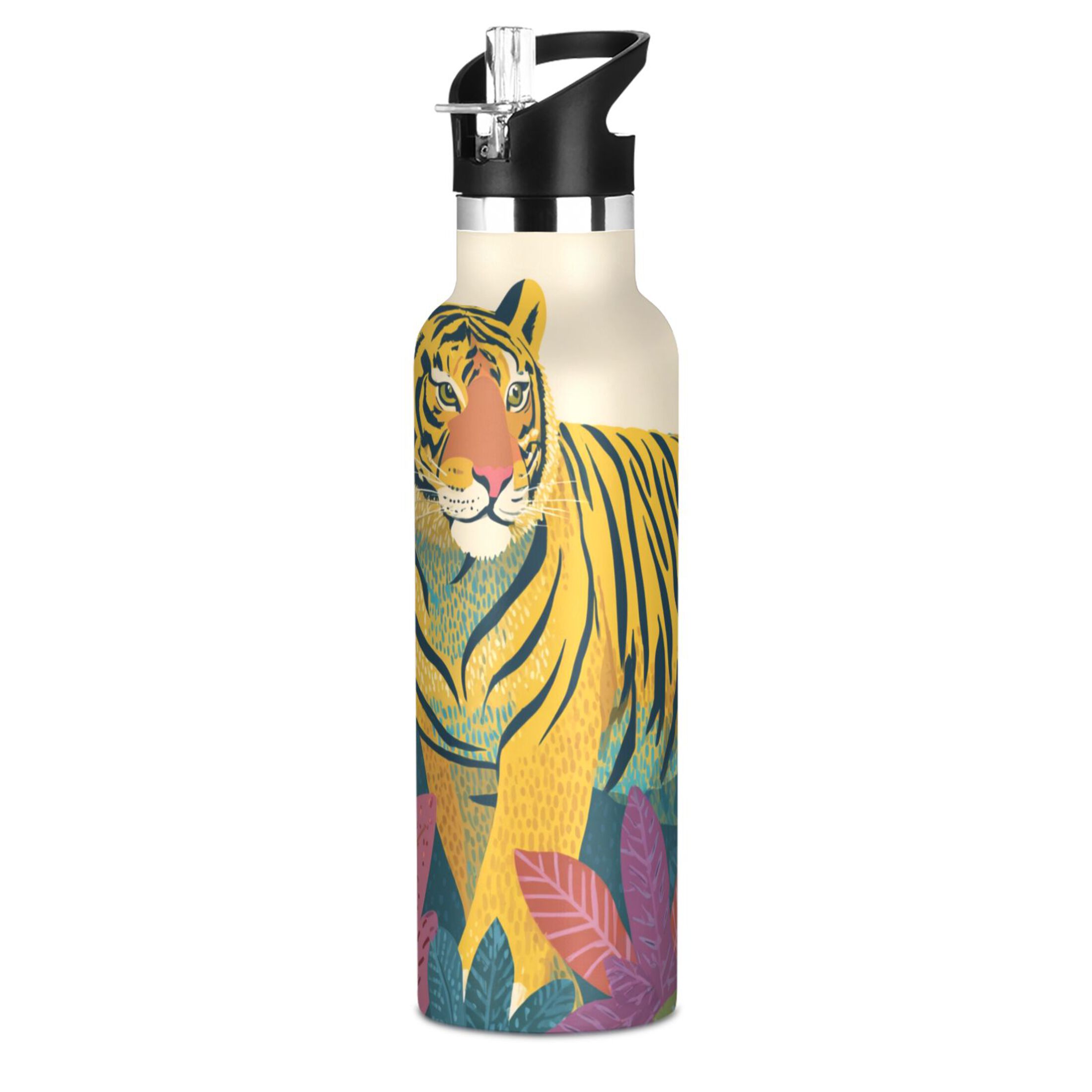 600ML Stainless Steel Insulated Cup Sports Water Bottle Portable Thermos Cup Water Glasses Insulated Tumblers Convenient and Durable Yellow Tiger
